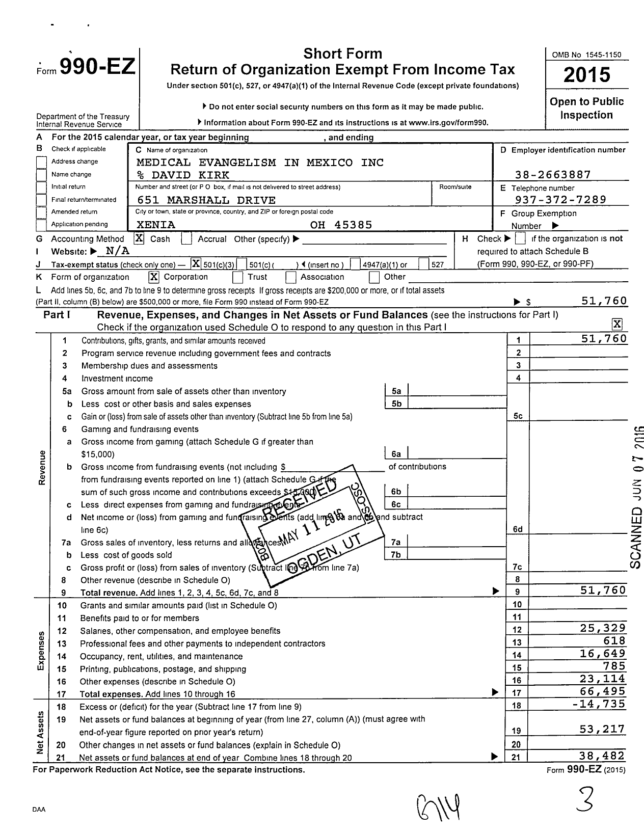 Image of first page of 2015 Form 990EZ for Medical Evangelism in Mexico