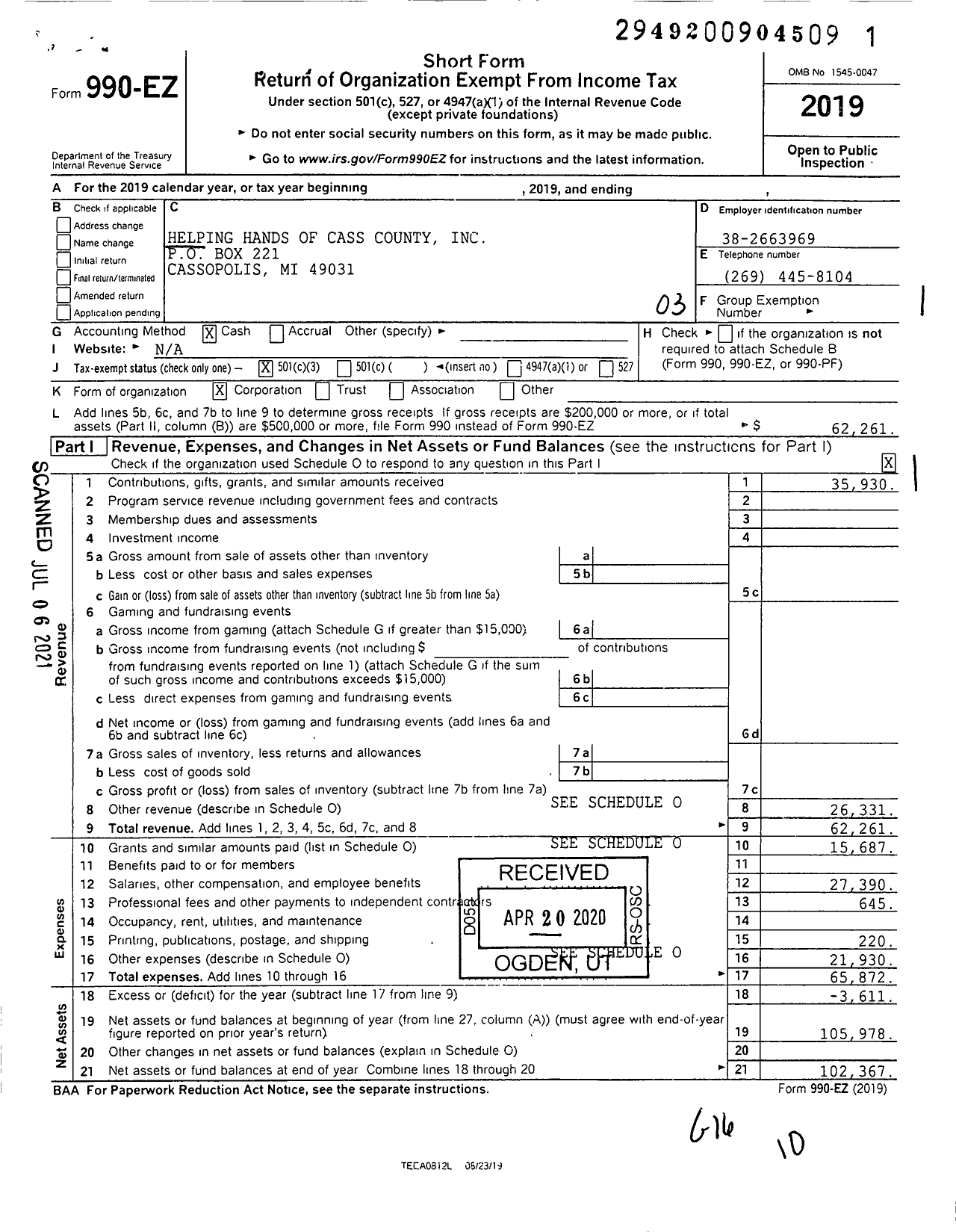Image of first page of 2019 Form 990EZ for Helping Hands of Cass County