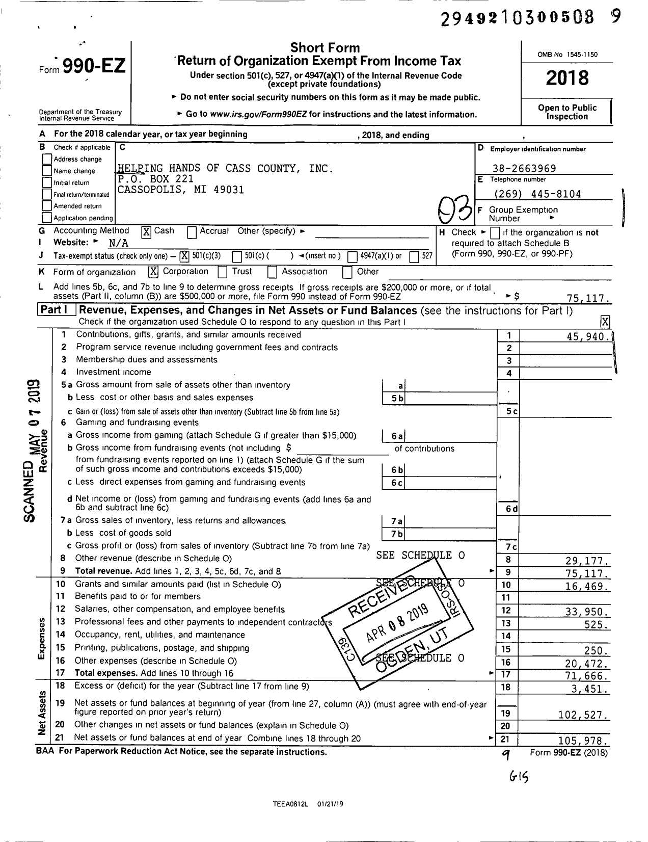 Image of first page of 2018 Form 990EZ for Helping Hands of Cass County