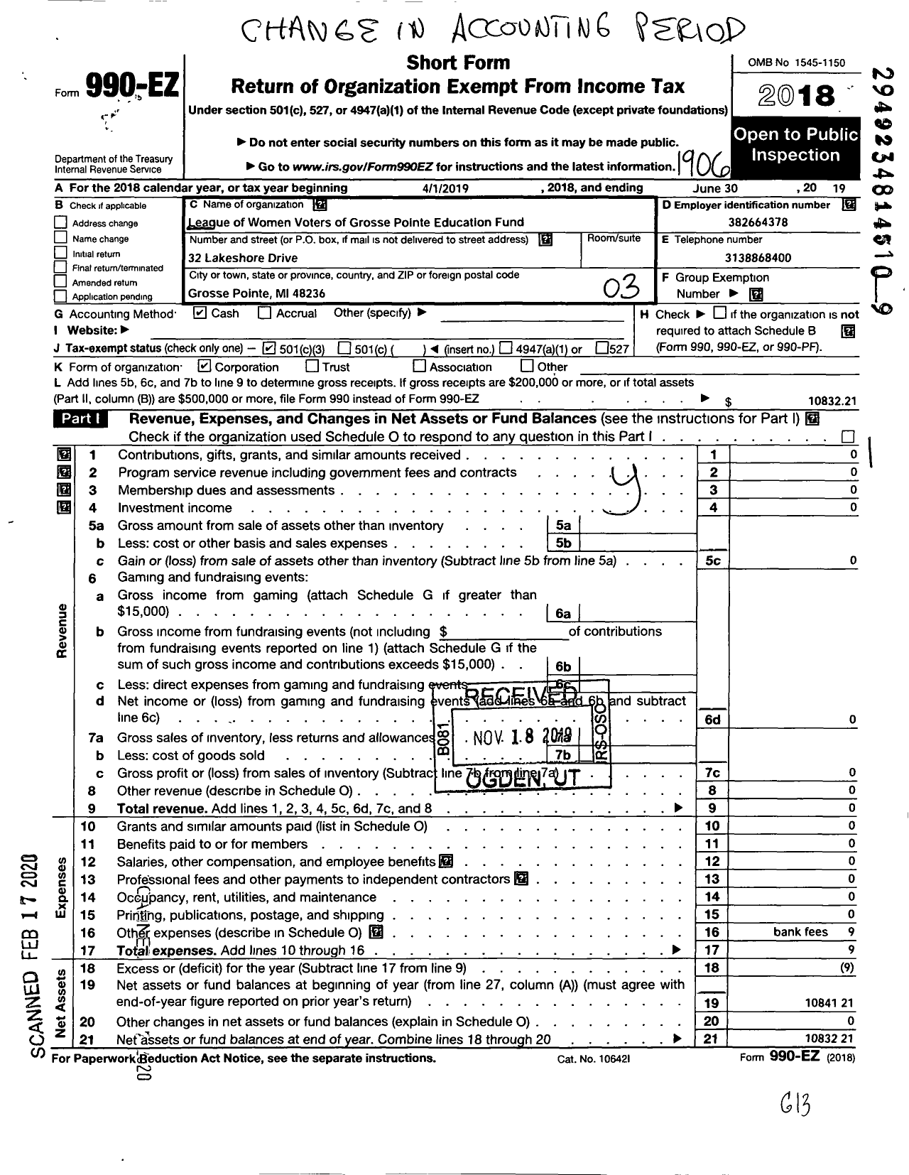 Image of first page of 2018 Form 990EZ for League of Women Voters of Grosse Pointe