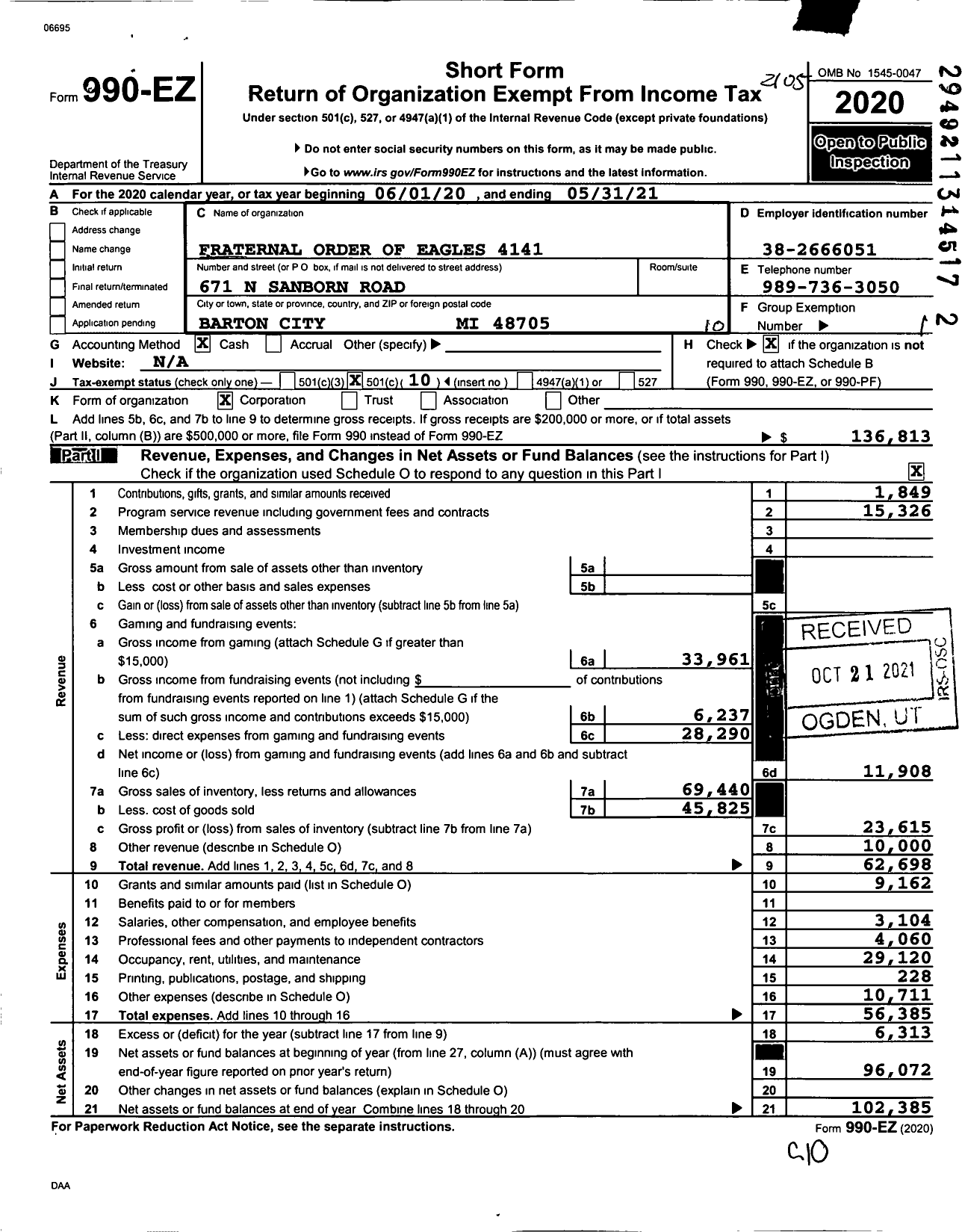 Image of first page of 2020 Form 990EO for Fraternal Order of Eagles - 4141 Aerie