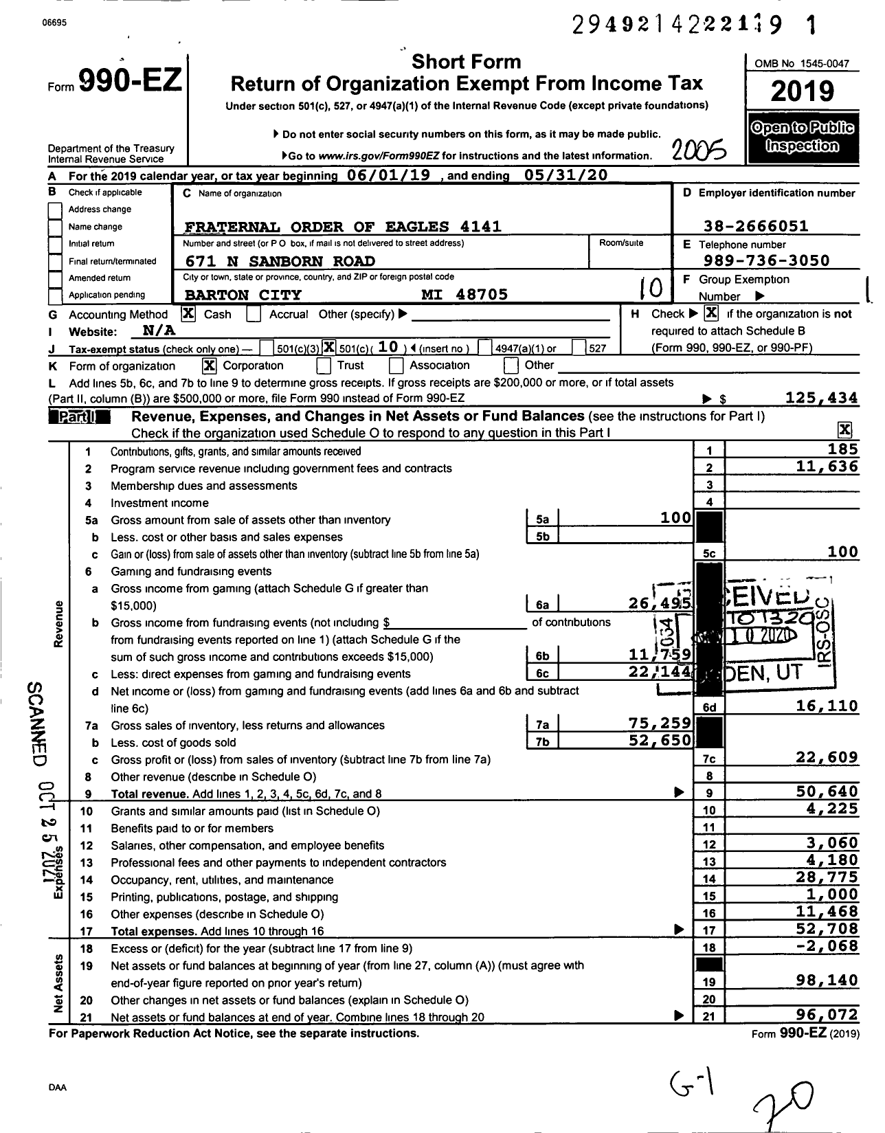 Image of first page of 2019 Form 990EO for Fraternal Order of Eagles - 4141 Aerie