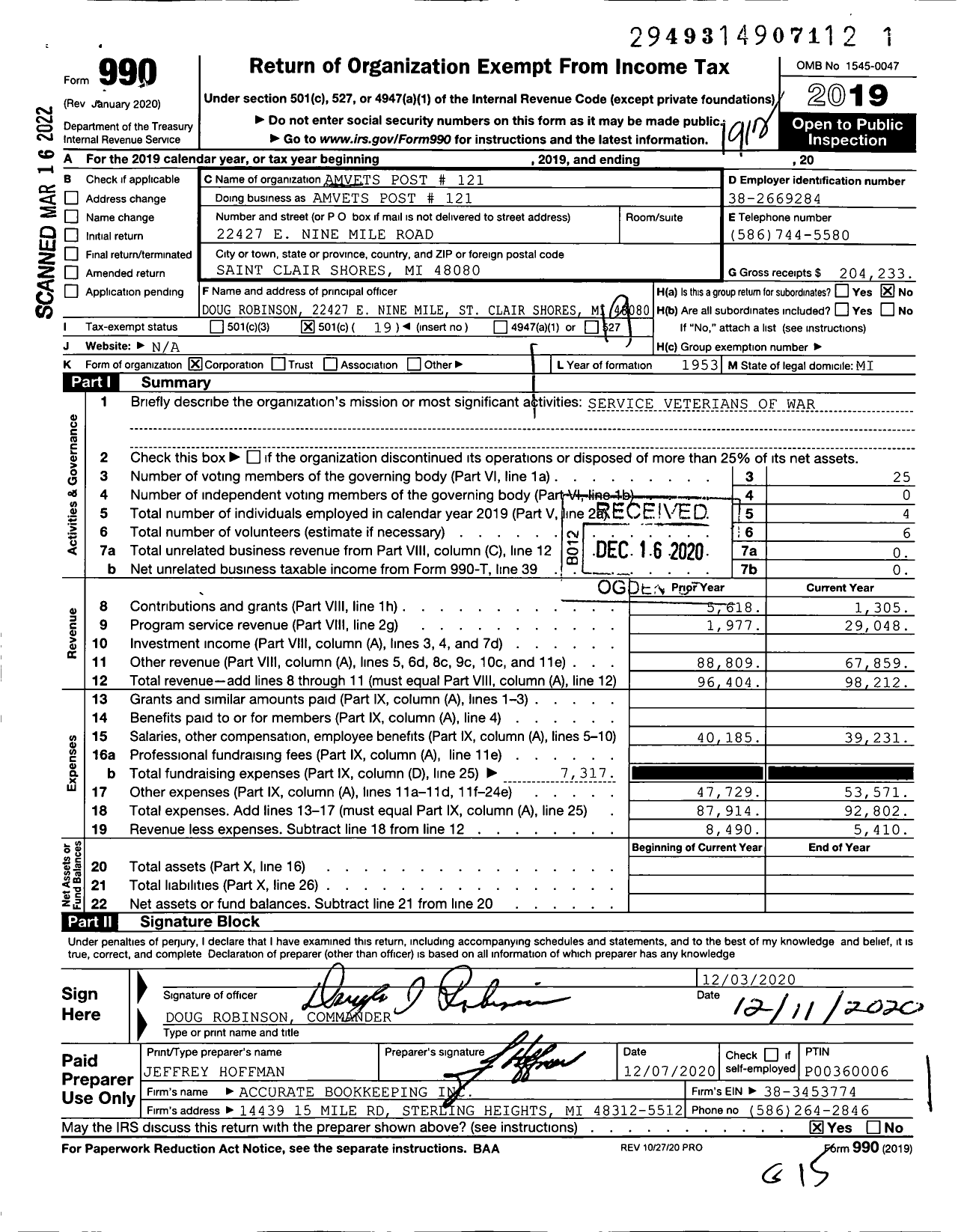 Image of first page of 2019 Form 990O for Amvets - Amvets Post # 121