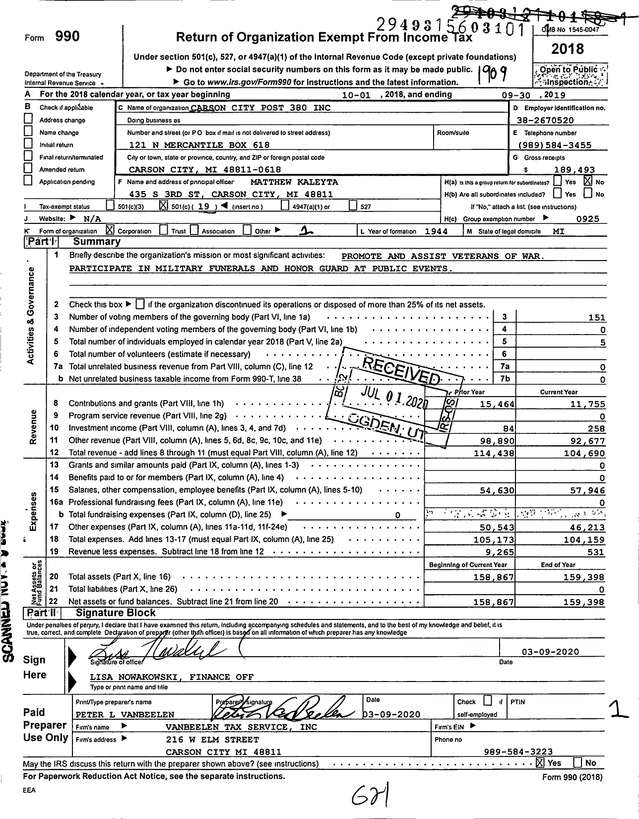 Image of first page of 2018 Form 990O for American Legion - 0380 Carson City