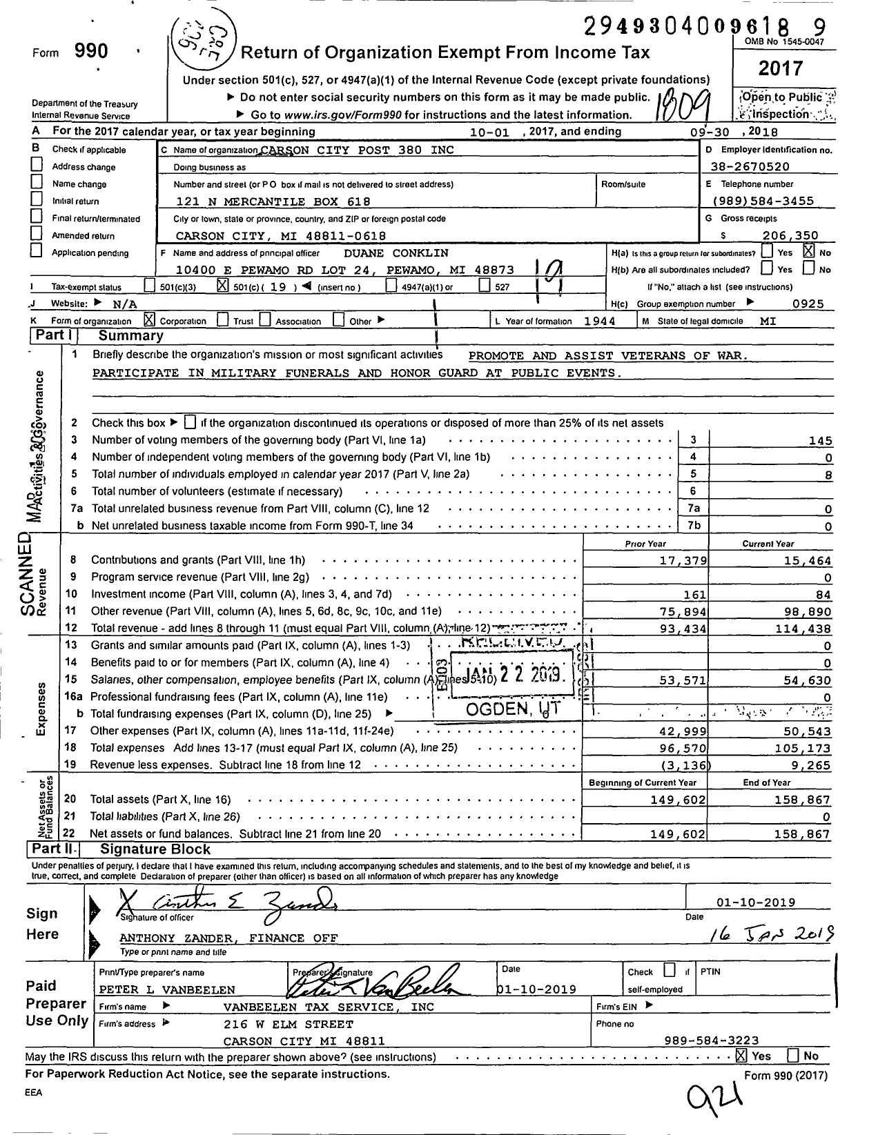 Image of first page of 2017 Form 990O for American Legion - 0380 Carson City