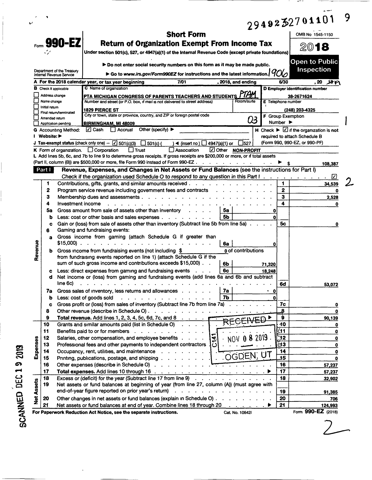 Image of first page of 2018 Form 990EZ for Ptsa Michigan Congress of Parents Teachers and Students / Pierce Elementary PTA