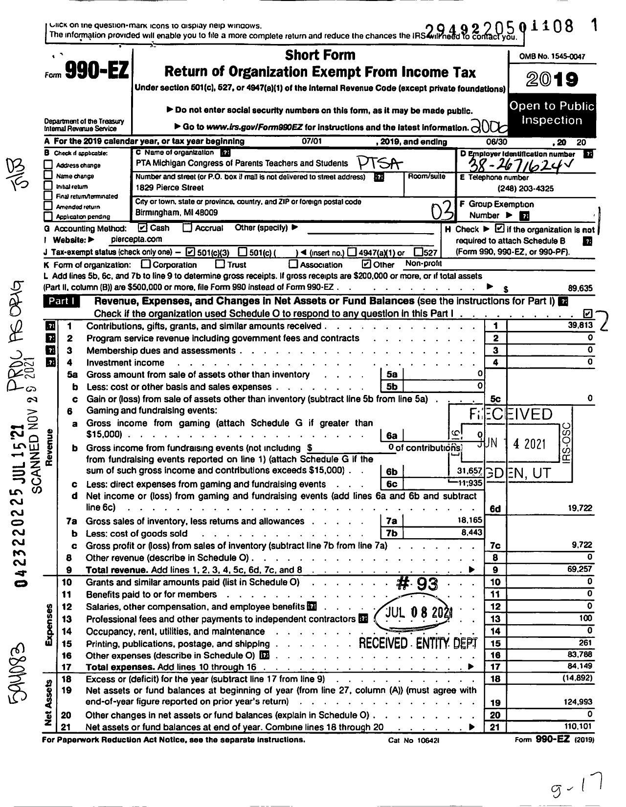 Image of first page of 2019 Form 990EZ for Ptsa Michigan Congress of Parents Teachers and Students / Pierce Elementary PTA