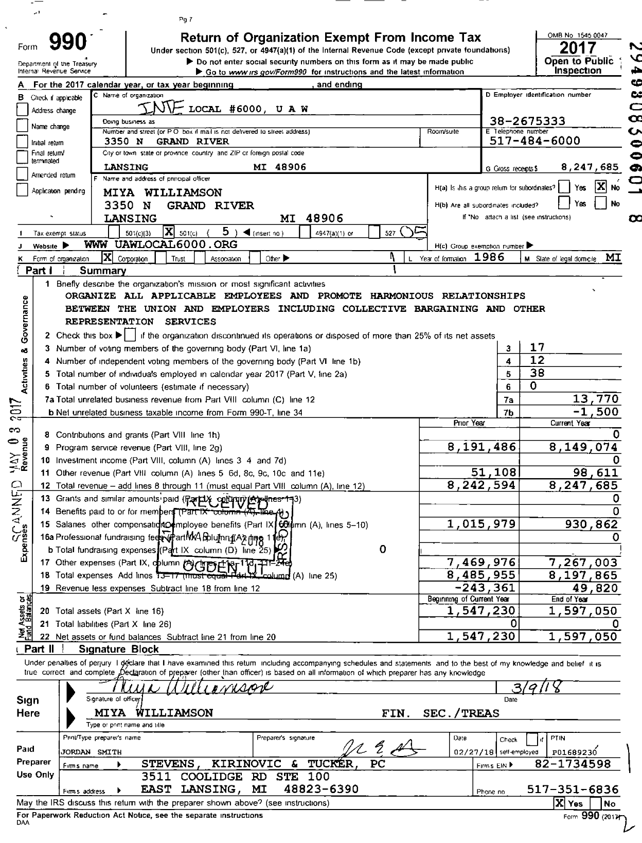 Image of first page of 2017 Form 990O for UAW Local 6000
