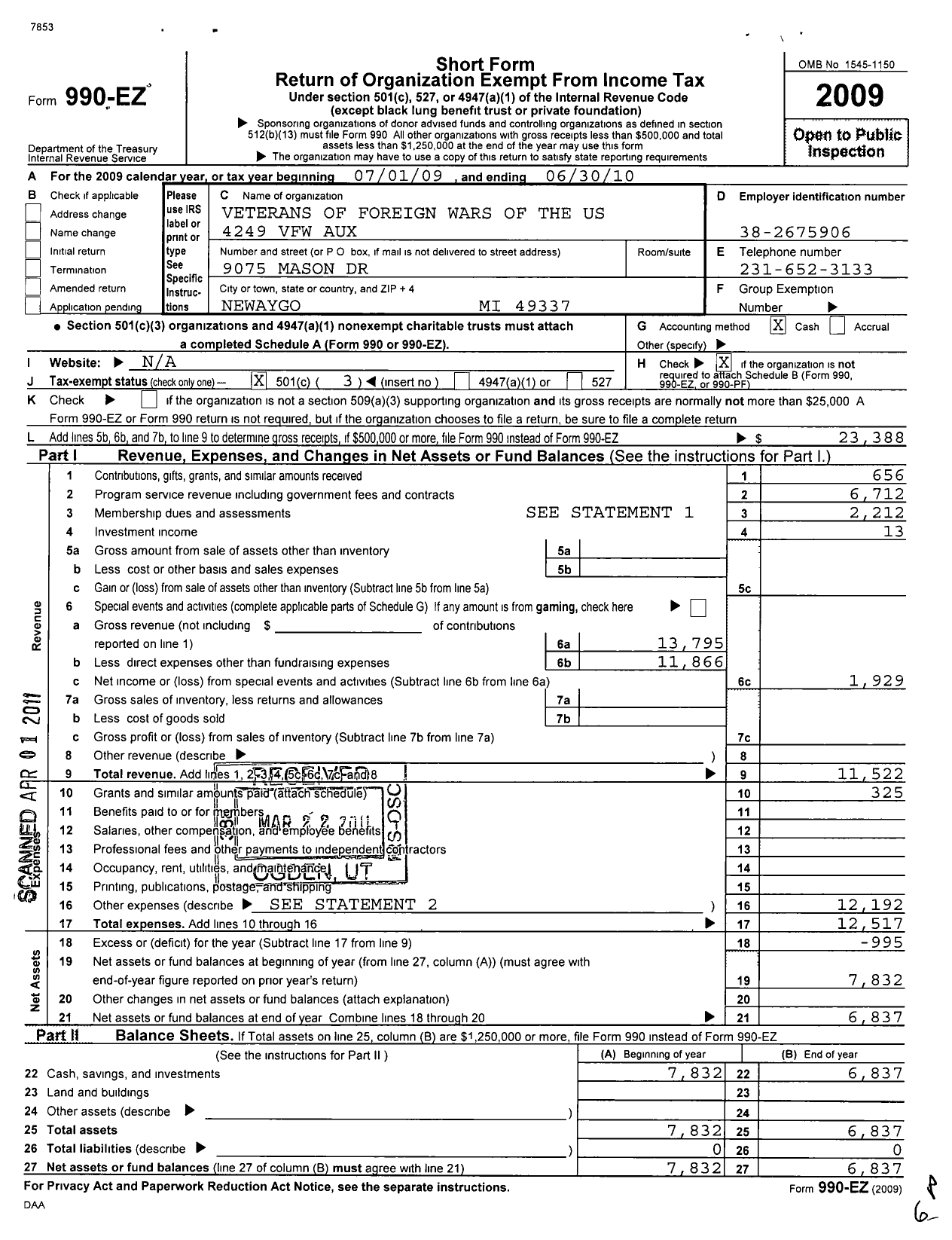 Image of first page of 2009 Form 990EZ for Veterans of Foreign Wars of the Us Dept of Michigan Auxiliary - Newaygo Sportsmans Auxiliary 4249