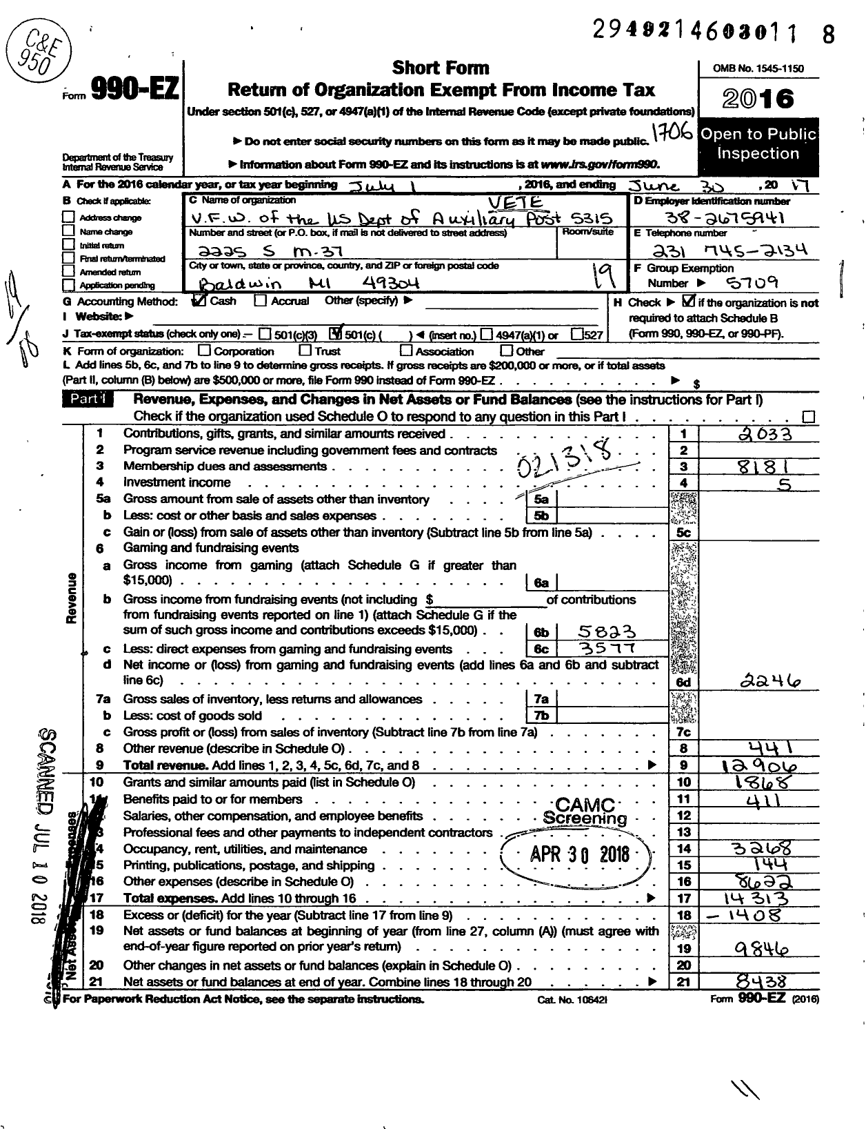 Image of first page of 2016 Form 990EO for Veterans of Foreign Wars of the Us Dept of Michigan Auxiliary - Peacock Auxiliary 5315