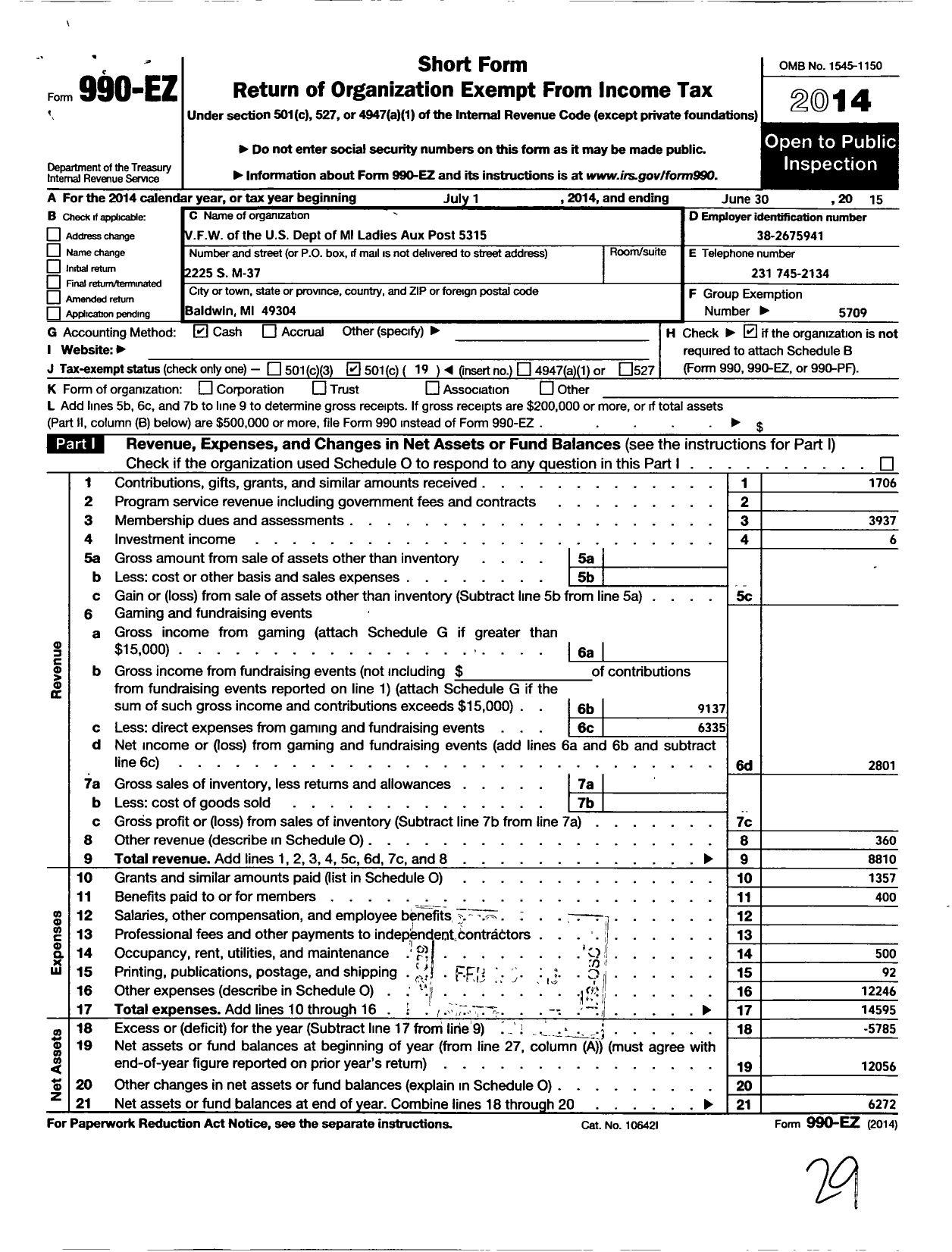 Image of first page of 2014 Form 990EO for Veterans of Foreign Wars of the Us Dept of Michigan Auxiliary - Peacock Auxiliary 5315