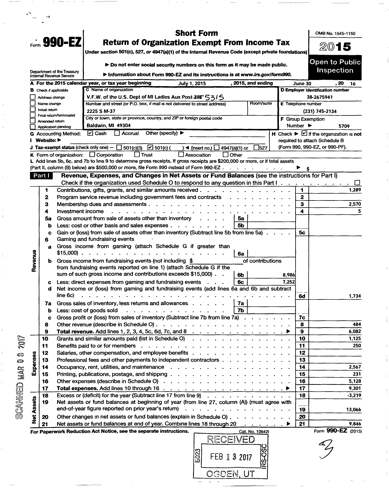 Image of first page of 2015 Form 990EO for Veterans of Foreign Wars of the Us Dept of Michigan Auxiliary - Peacock Auxiliary 5315