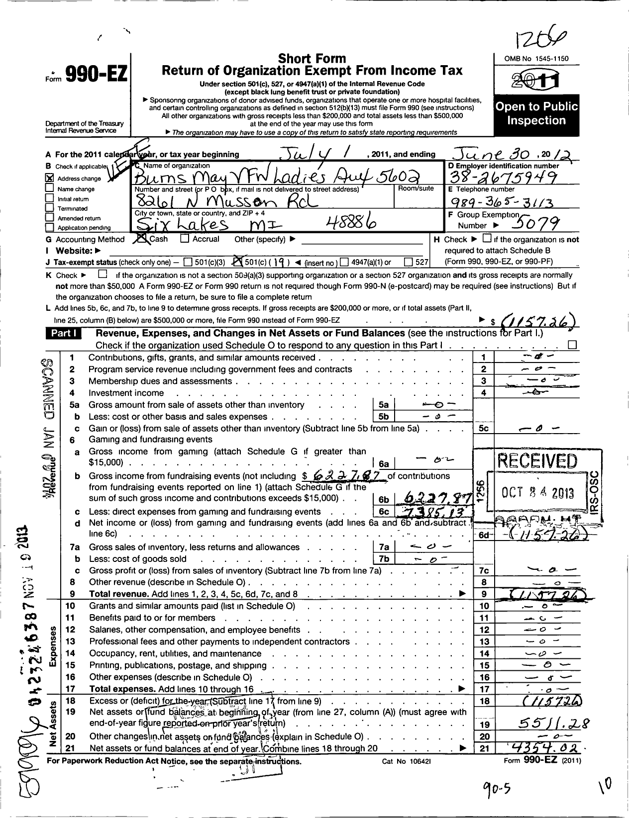 Image of first page of 2011 Form 990EO for Veterans of Foreign Wars of the Us Dept of Michigan Auxiliary - Burns May Auxiliary 5602