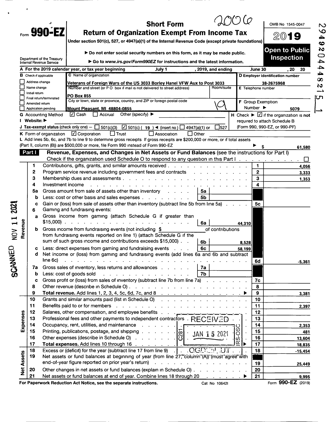 Image of first page of 2019 Form 990EO for Veterans of Foreign Wars of the Us Dept of Michigan Auxiliary - 3033 Borley Hanel VFW Auxiliary To Post