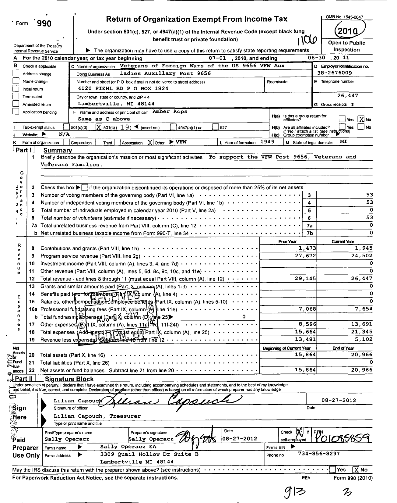 Image of first page of 2010 Form 990O for Veterans of Foreign Wars of the Us Dept of Michigan Auxiliary - 9656 Lambertville VFW Auxiliary