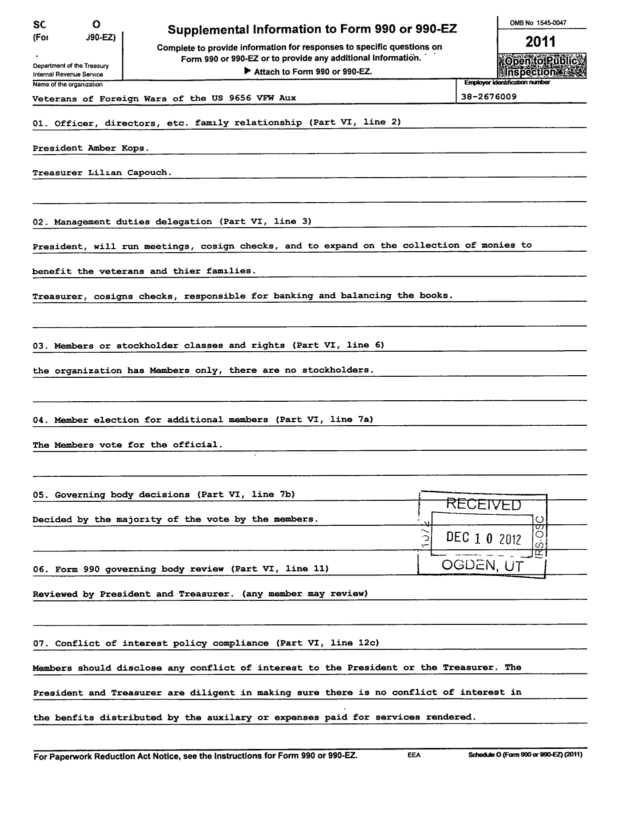 Image of first page of 2010 Form 990OR for Veterans of Foreign Wars of the Us Dept of Michigan Auxiliary - 9656 Lambertville VFW Auxiliary