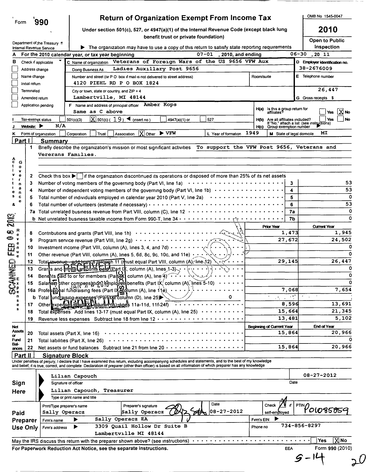 Image of first page of 2010 Form 990O for Veterans of Foreign Wars of the Us Dept of Michigan Auxiliary - 9656 Lambertville VFW Auxiliary