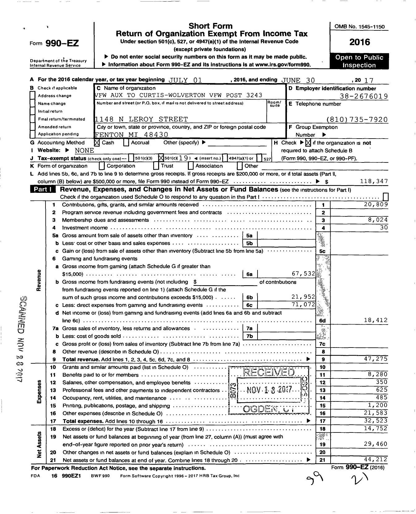 Image of first page of 2016 Form 990EO for Veterans of Foreign Wars of the Us Dept of Michigan Auxiliary - 3243 Curtis-Wolverton Auxiliary To Post