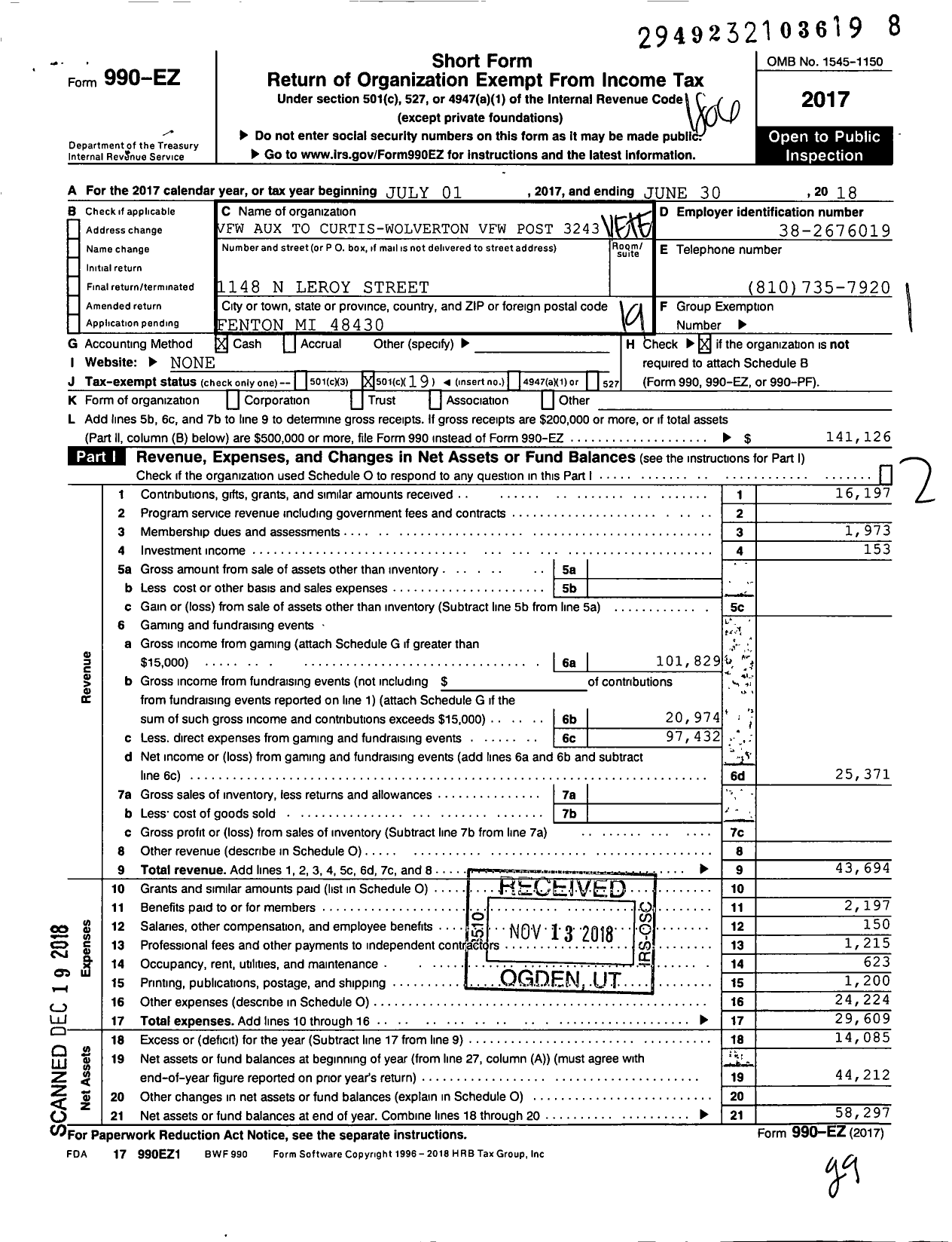 Image of first page of 2017 Form 990EO for Veterans of Foreign Wars of the Us Dept of Michigan Auxiliary - 3243 Curtis-Wolverton Auxiliary To Post