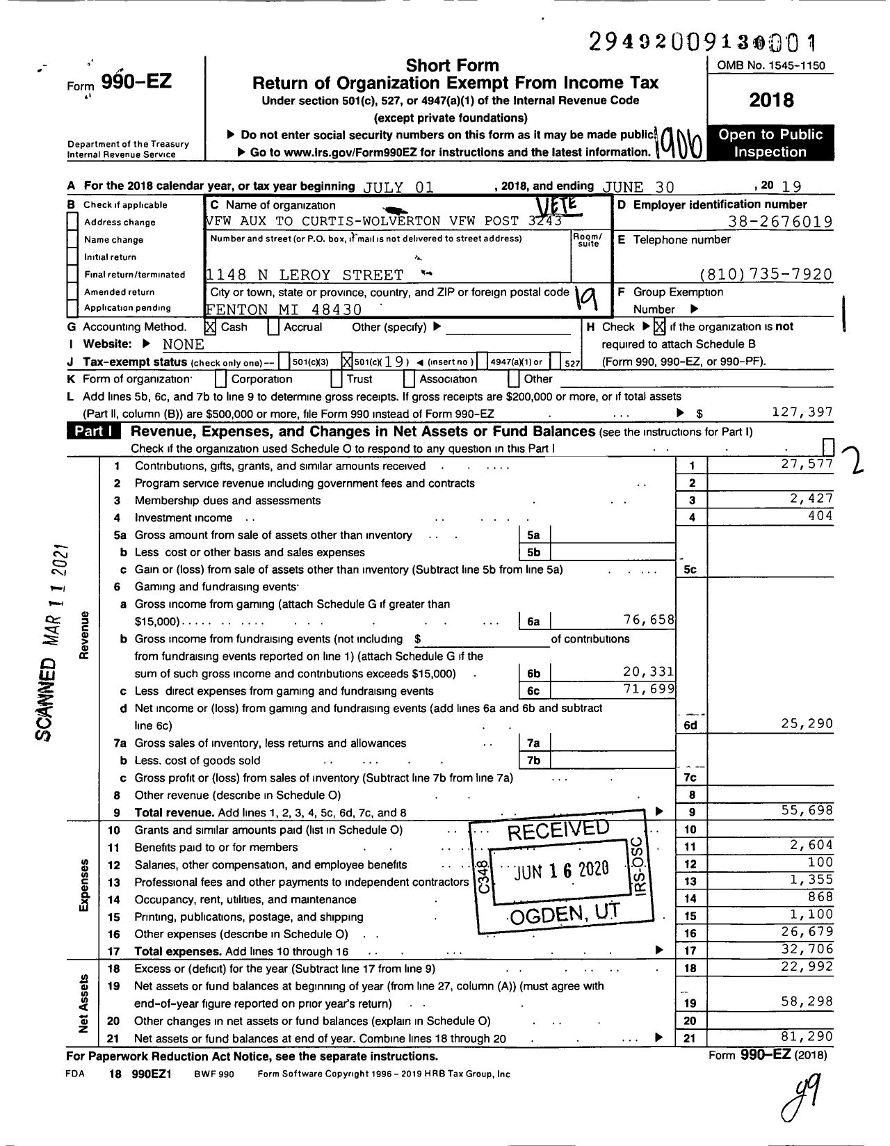 Image of first page of 2018 Form 990EO for Veterans of Foreign Wars of the Us Dept of Michigan Auxiliary - 3243 Curtis-Wolverton Auxiliary To Post