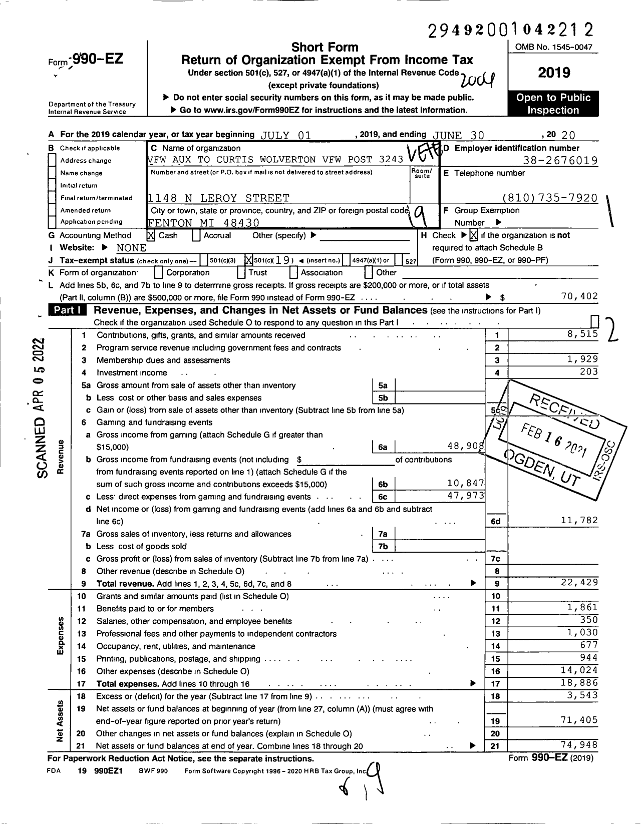 Image of first page of 2019 Form 990EO for Veterans of Foreign Wars of the Us Dept of Michigan Auxiliary - 3243 Curtis-Wolverton Auxiliary To Post