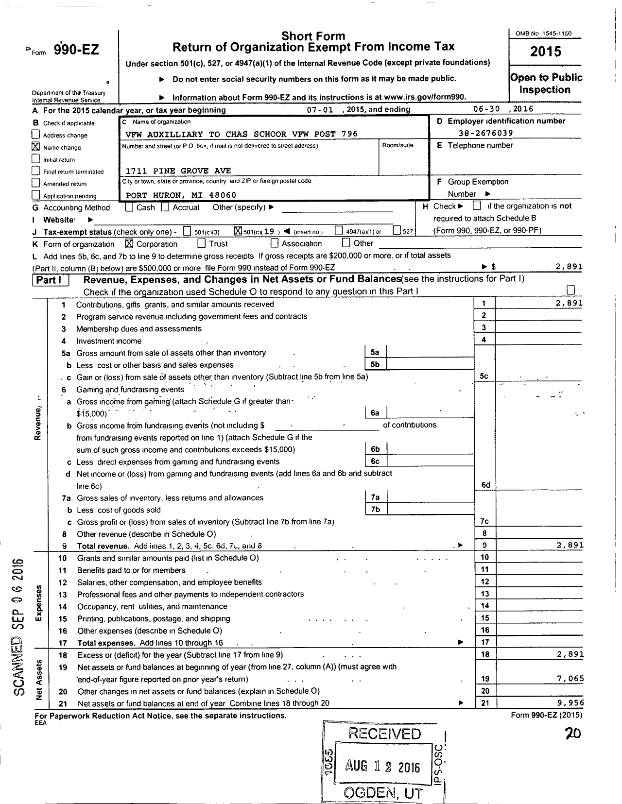 Image of first page of 2015 Form 990EO for Veterans of Foreign Wars of the Us Dept of Michigan Auxiliary - 796 VFW Auxiliary To Chas Schoar VFW Post