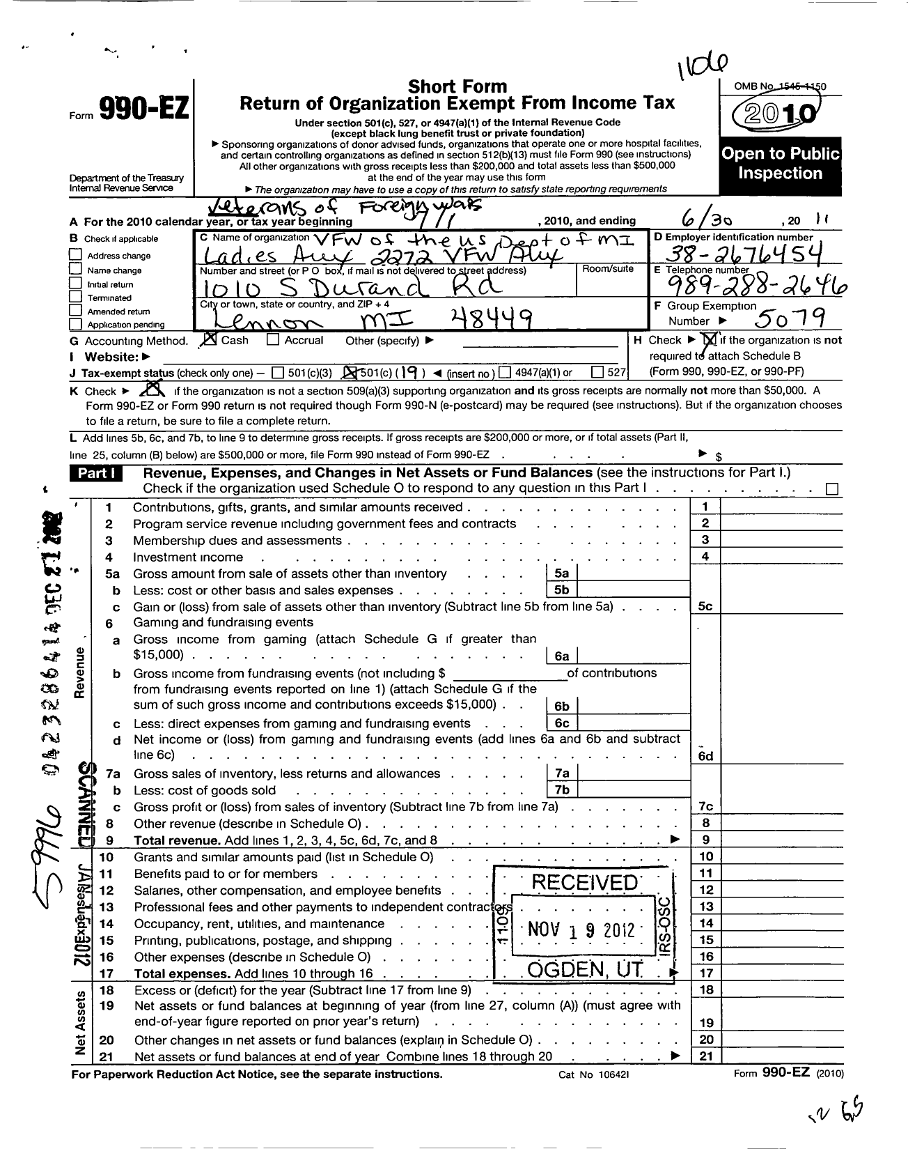 Image of first page of 2010 Form 990EO for Veterans of Foreign Wars of the Us Dept of Michigan Auxiliary - 2272 VFW Auxiliary of Reed Raymond