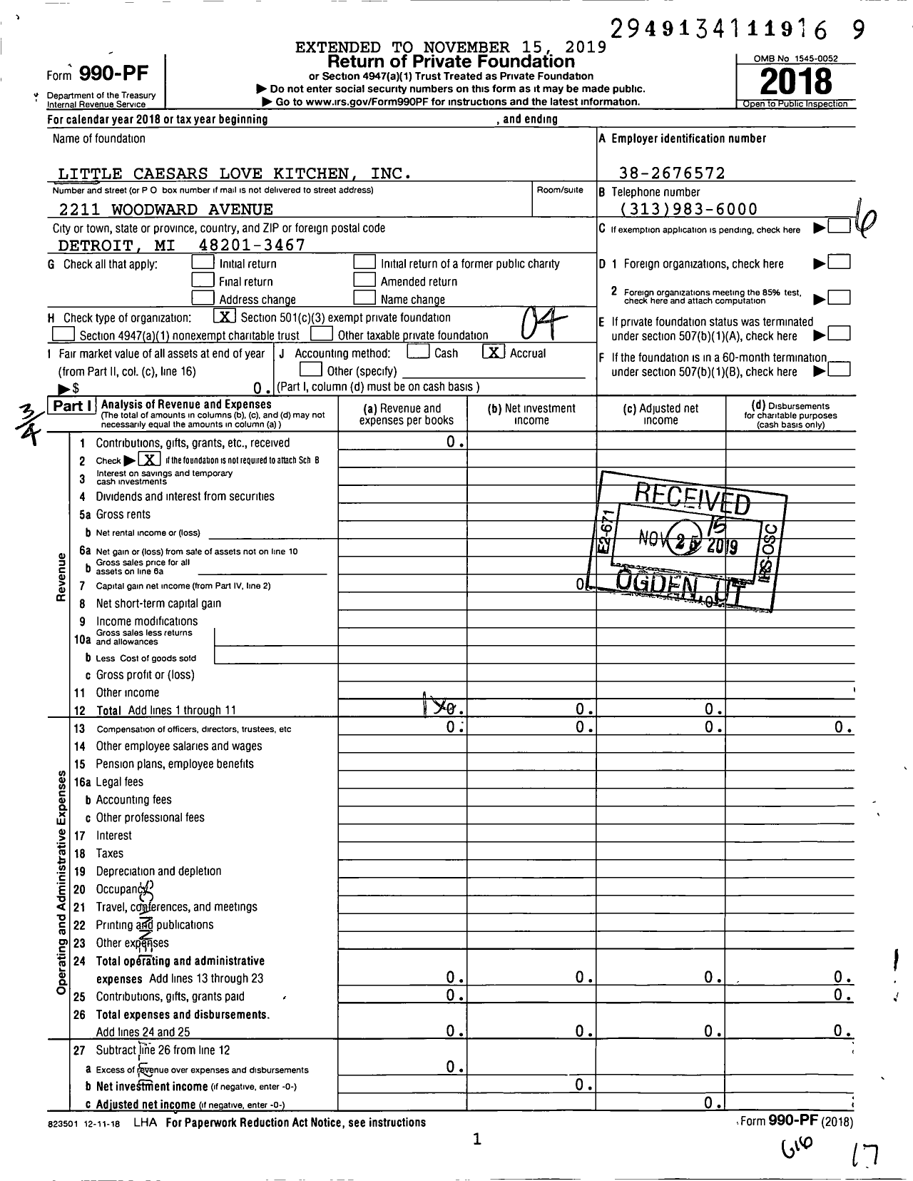 Image of first page of 2018 Form 990PF for Little Caesars Love Kitchen