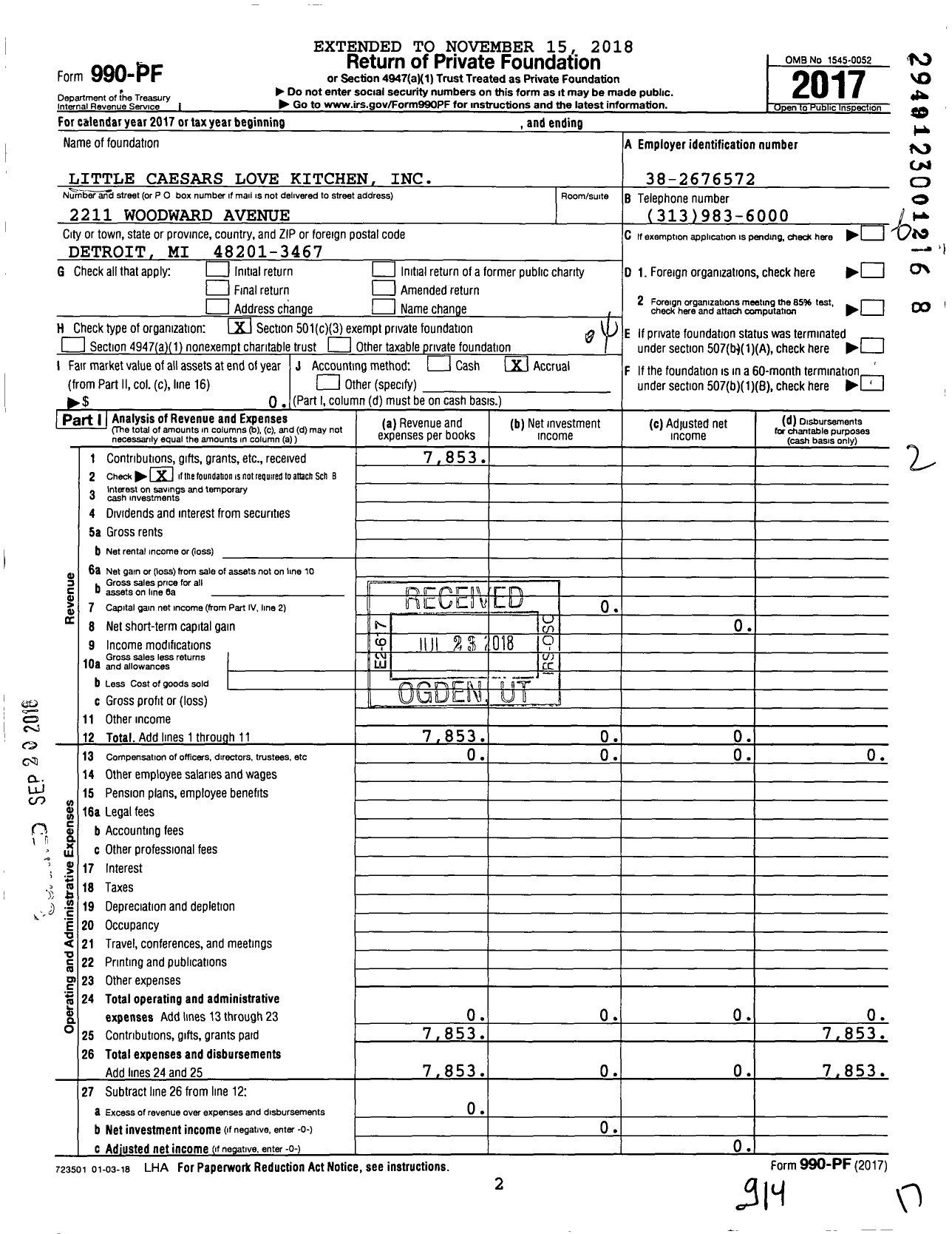 Image of first page of 2017 Form 990PF for Little Caesars Love Kitchen