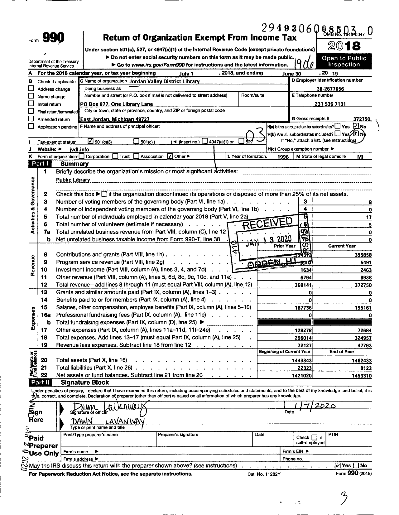 Image of first page of 2018 Form 990 for One Library Lane PO Box 877