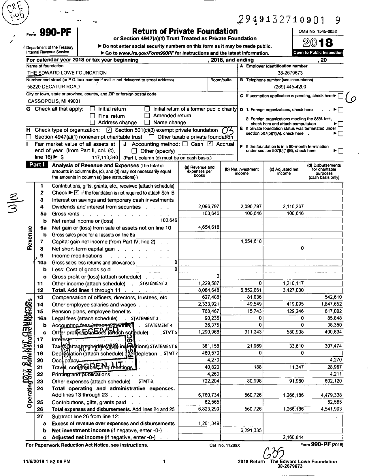 Image of first page of 2018 Form 990PF for Edward Lowe Foundation