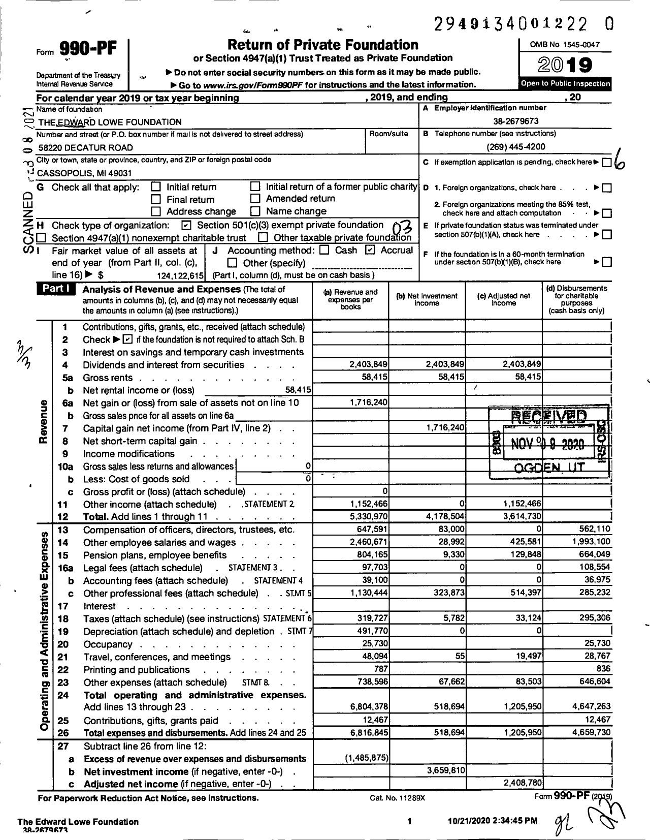 Image of first page of 2019 Form 990PF for Edward Lowe Foundation