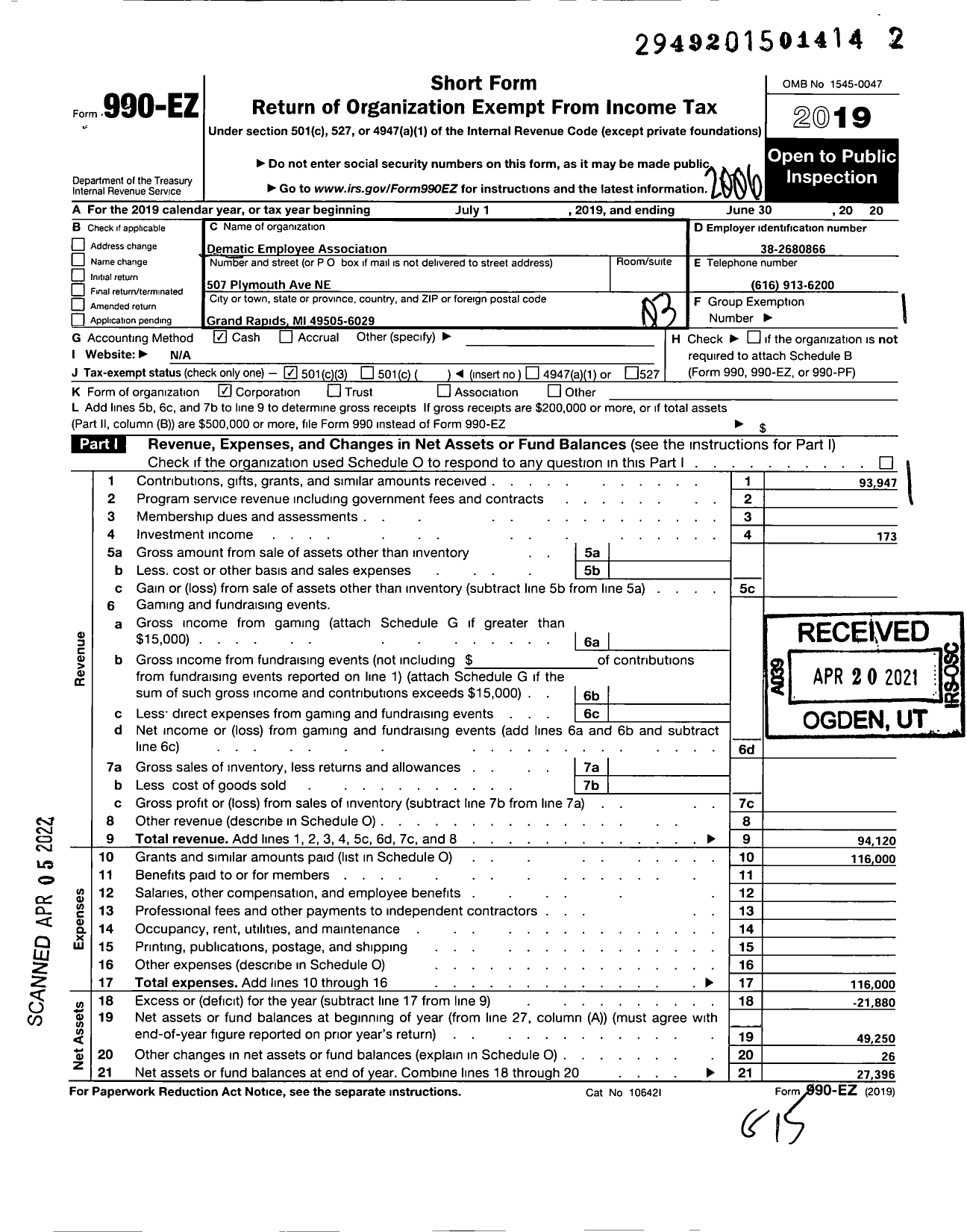 Image of first page of 2019 Form 990EZ for Dematic Employee Association