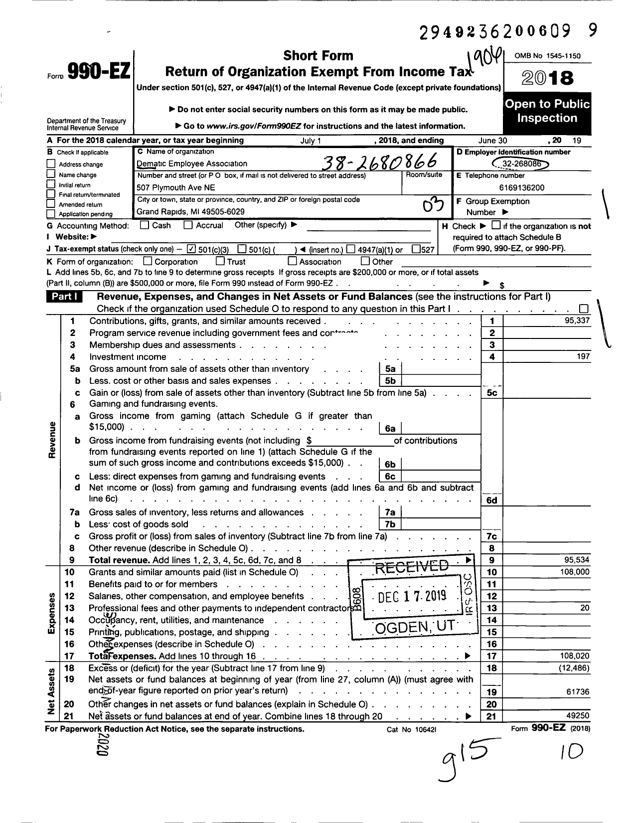 Image of first page of 2018 Form 990EZ for Dematic Employee Association