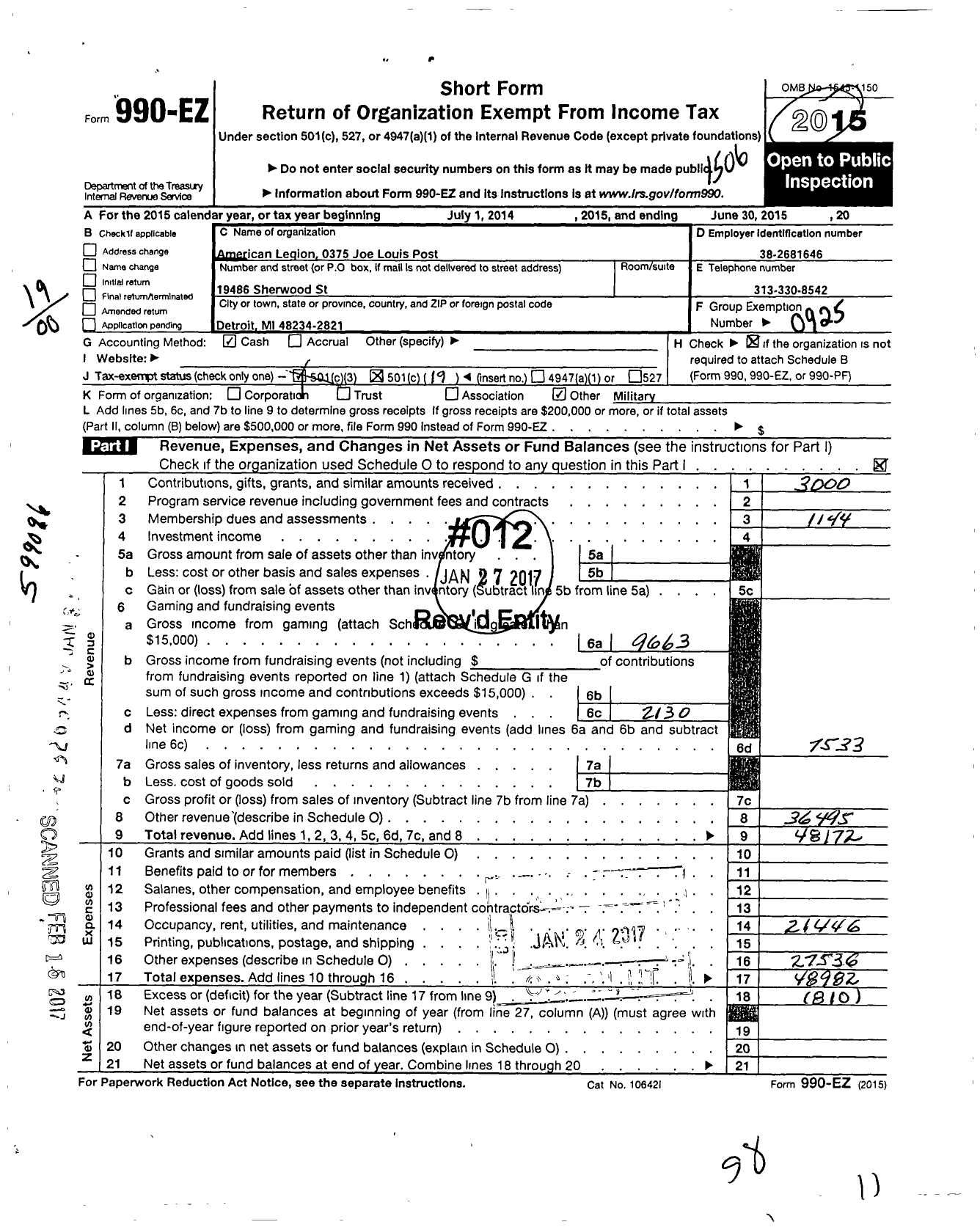 Image of first page of 2014 Form 990EO for American Legion 0375 Joe Louis Post
