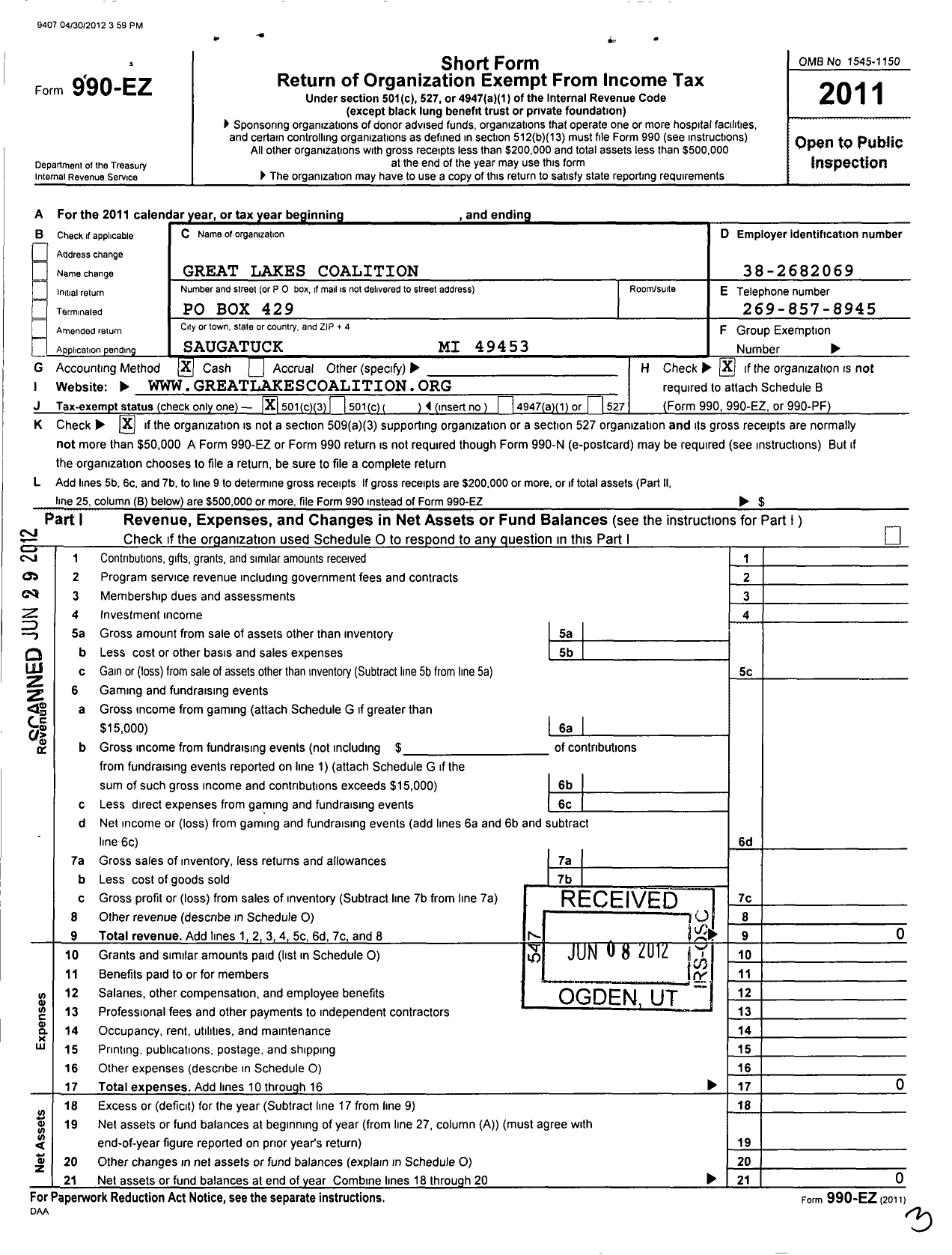 Image of first page of 2011 Form 990EZ for Great Lakes Coalition