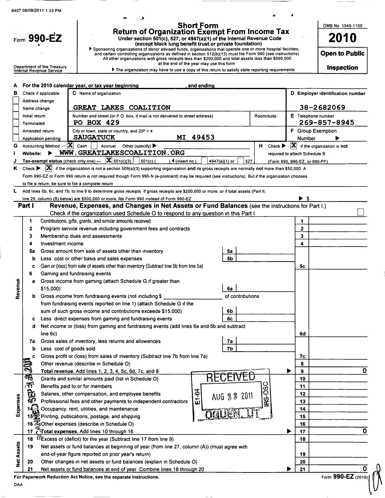 Image of first page of 2010 Form 990EZ for Great Lakes Coalition