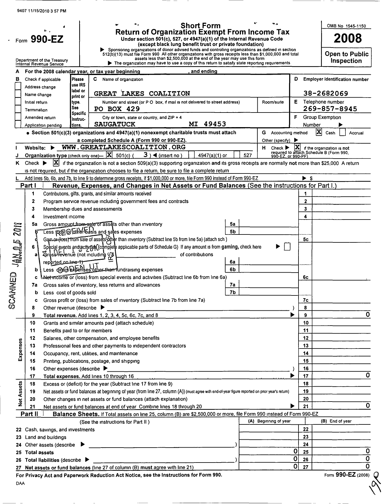 Image of first page of 2008 Form 990EZ for Great Lakes Coalition