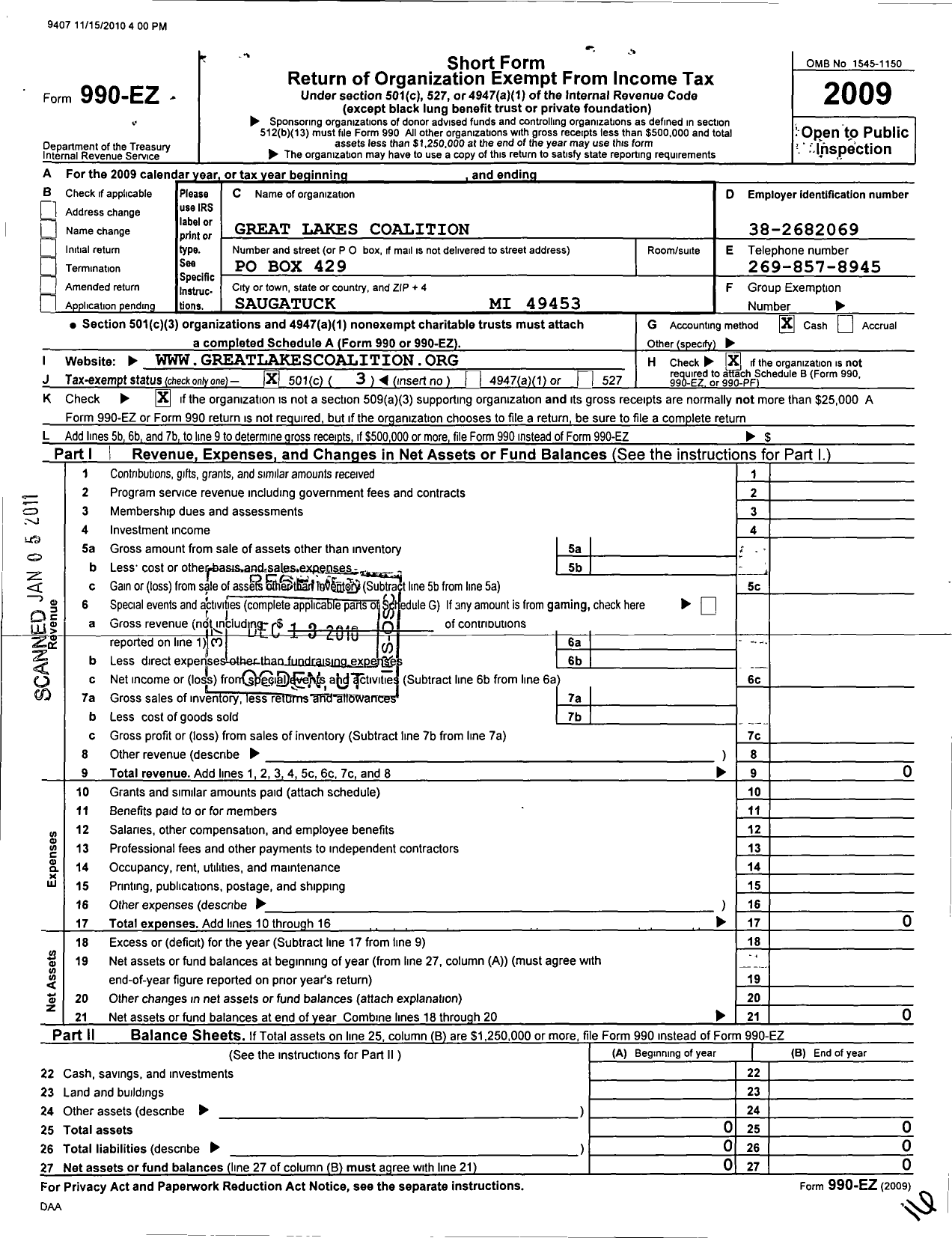 Image of first page of 2009 Form 990EZ for Great Lakes Coalition