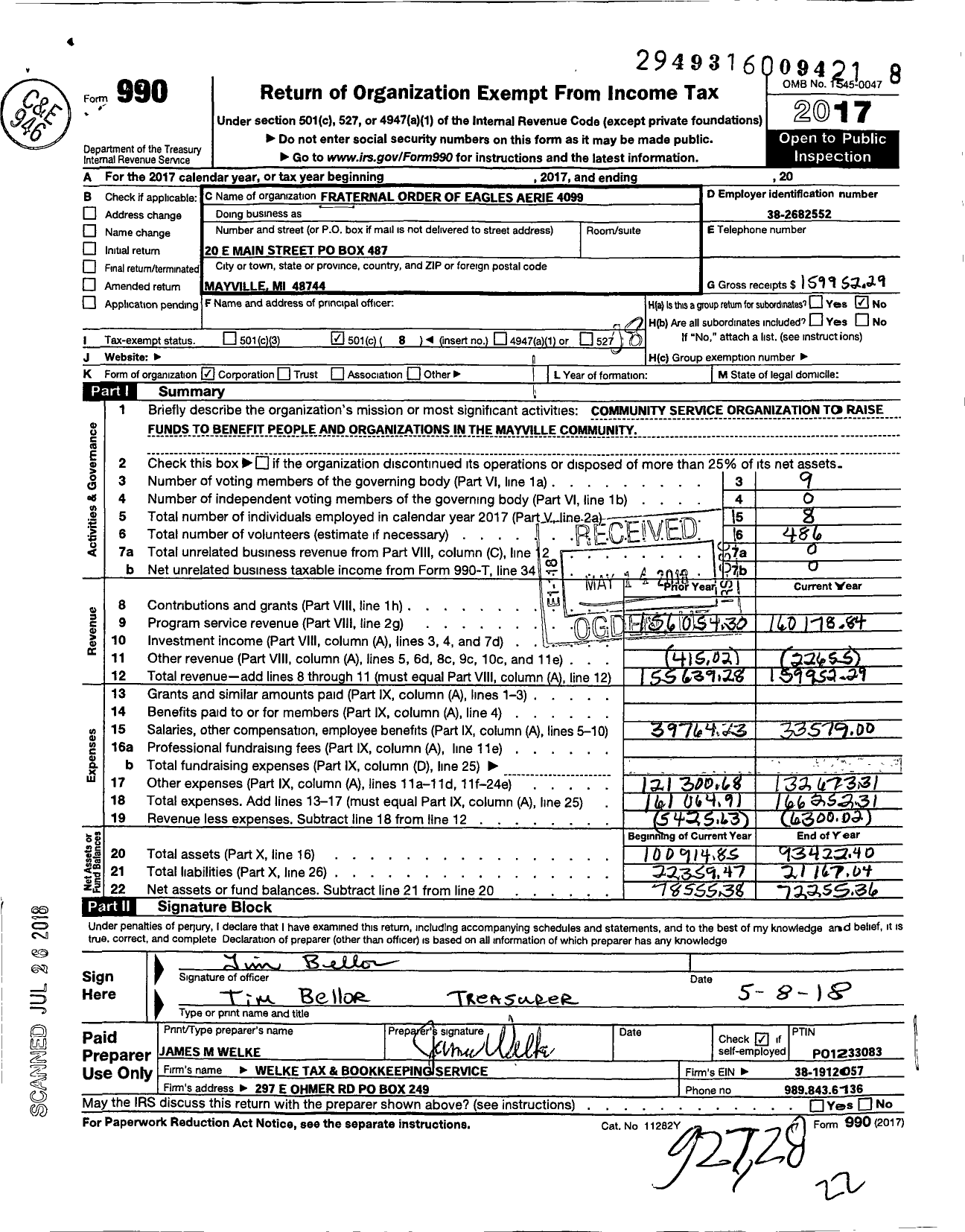 Image of first page of 2017 Form 990O for Fraternal Order of Eagles Aerie 4099
