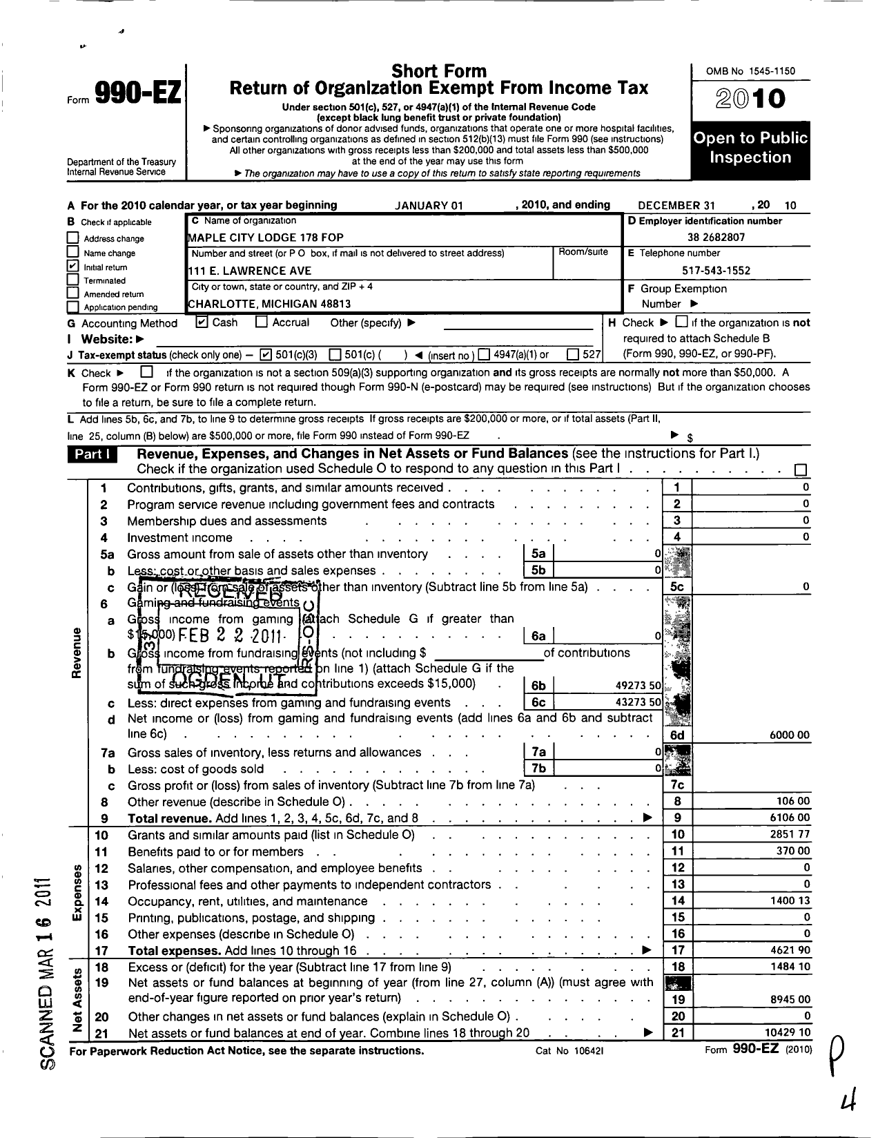 Image of first page of 2010 Form 990EZ for Fraternal Order of Police - 178 Maple City Lodge