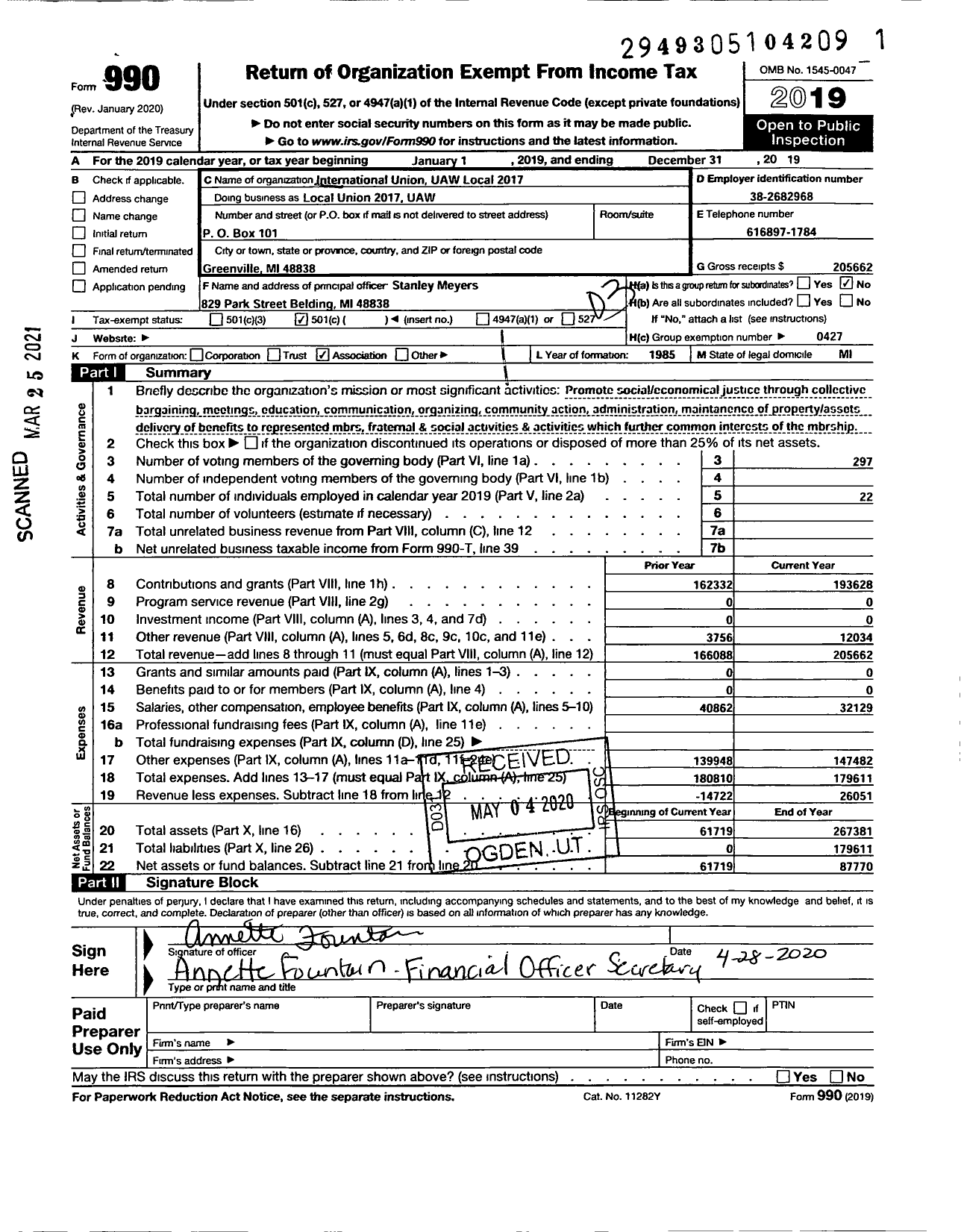 Image of first page of 2019 Form 990 for International Union UAW Local 2017