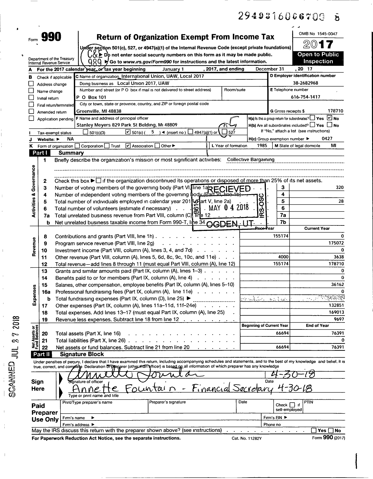 Image of first page of 2017 Form 990O for International Union UAW Local 2017