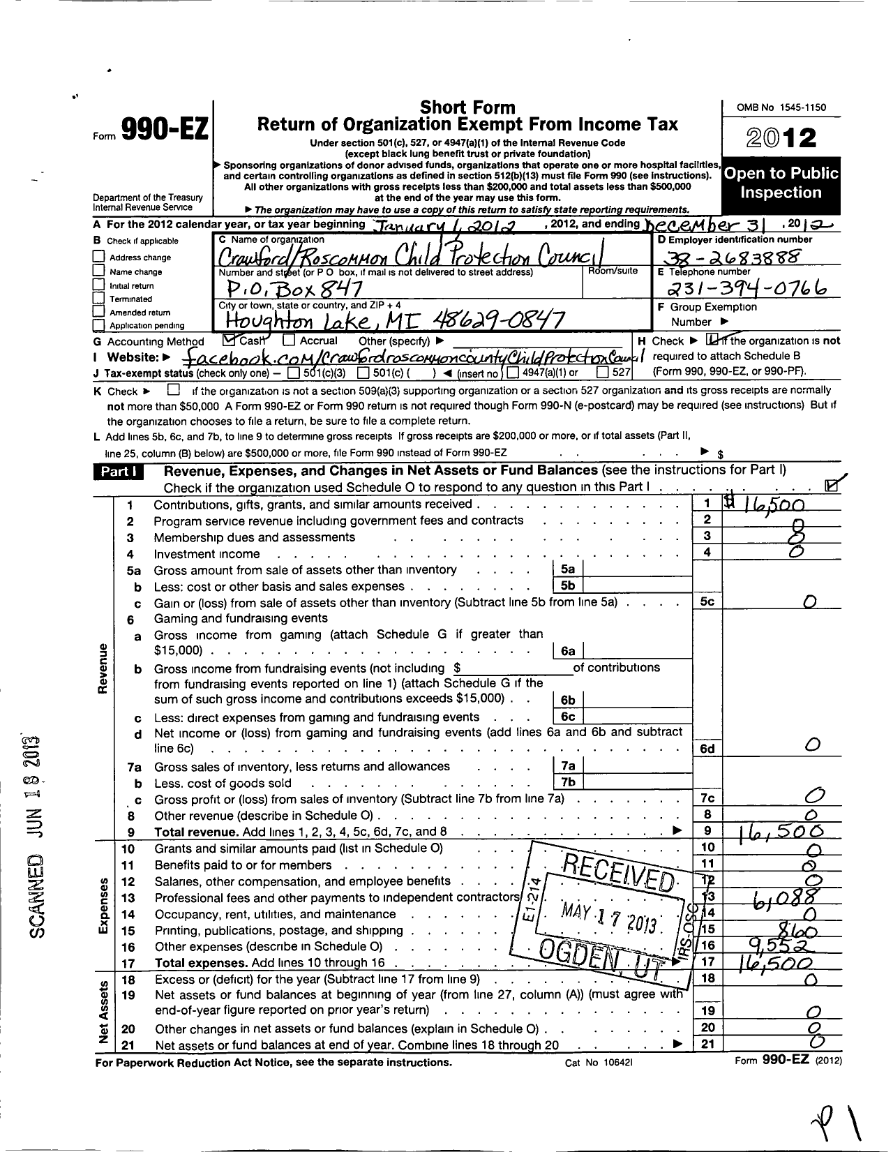 Image of first page of 2012 Form 990EO for Crawford Roscommon Child Protection Council