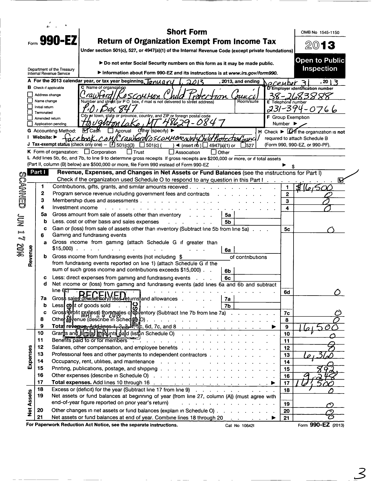 Image of first page of 2013 Form 990EZ for Crawford Roscommon Child Protection Council