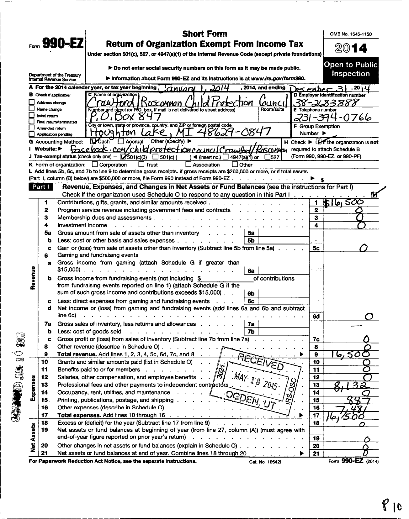 Image of first page of 2014 Form 990EZ for Crawford Roscommon Child Protection Council