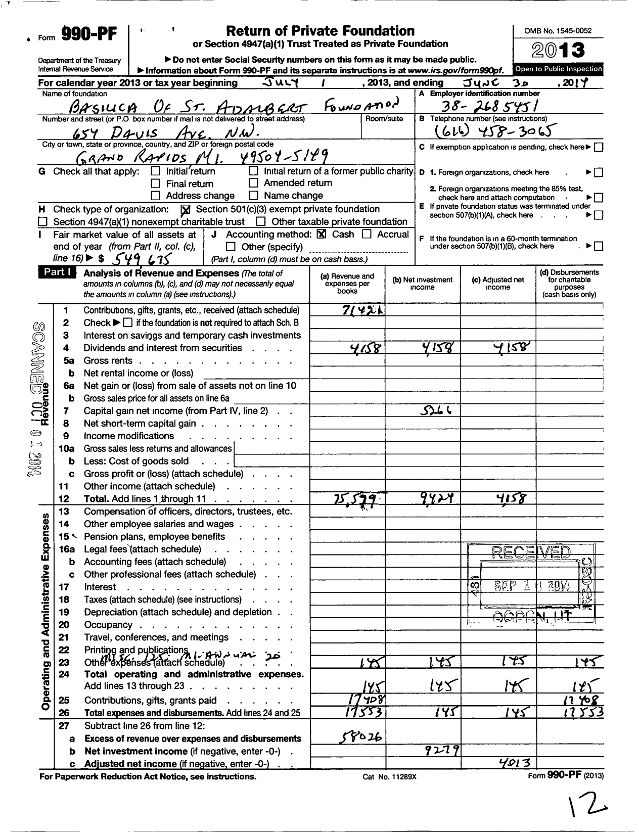 Image of first page of 2013 Form 990PF for Basilica of St Anabert Foundation