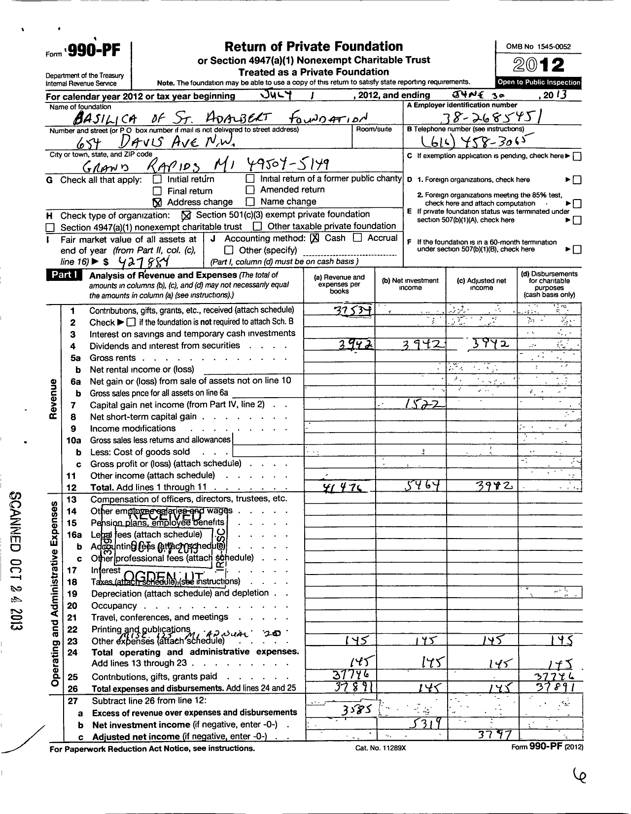 Image of first page of 2012 Form 990PF for Basilica of St Anabert Foundation