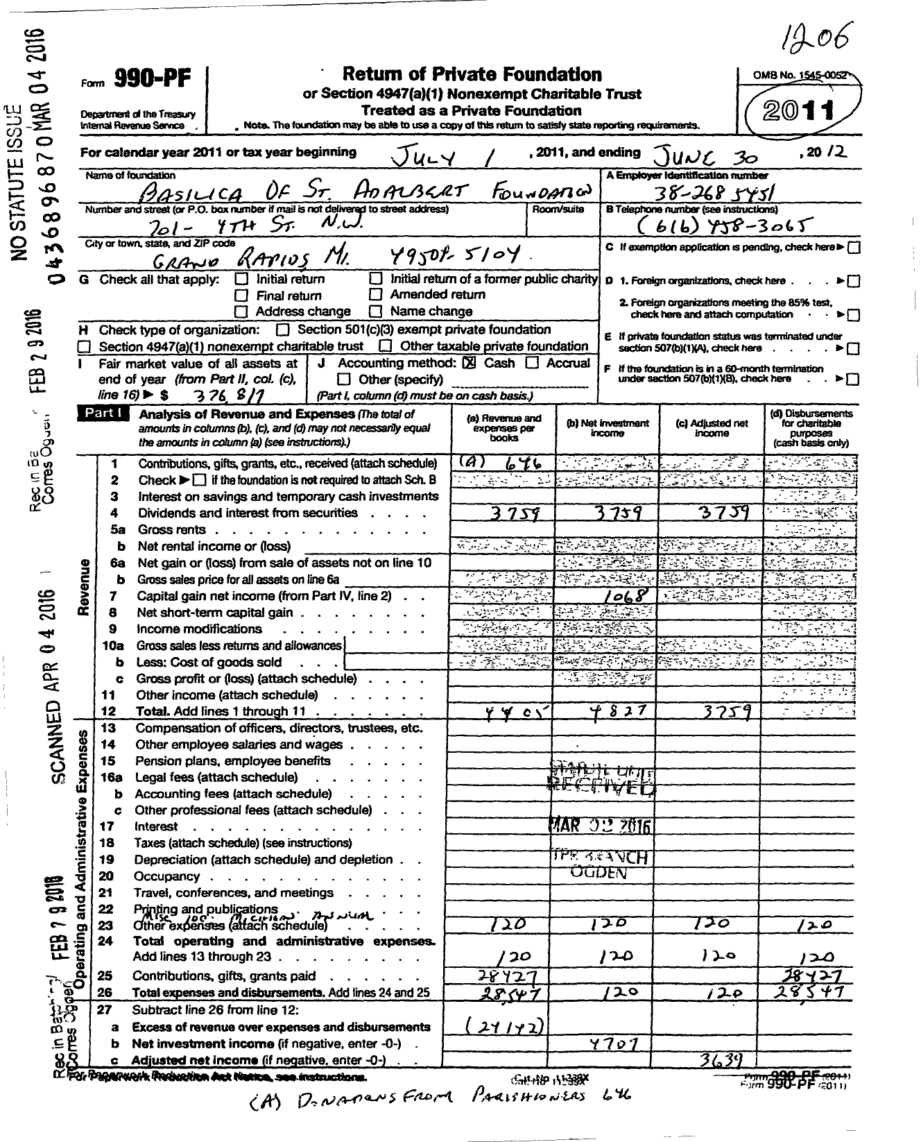 Image of first page of 2011 Form 990PF for Basilica of St Anabert Foundation