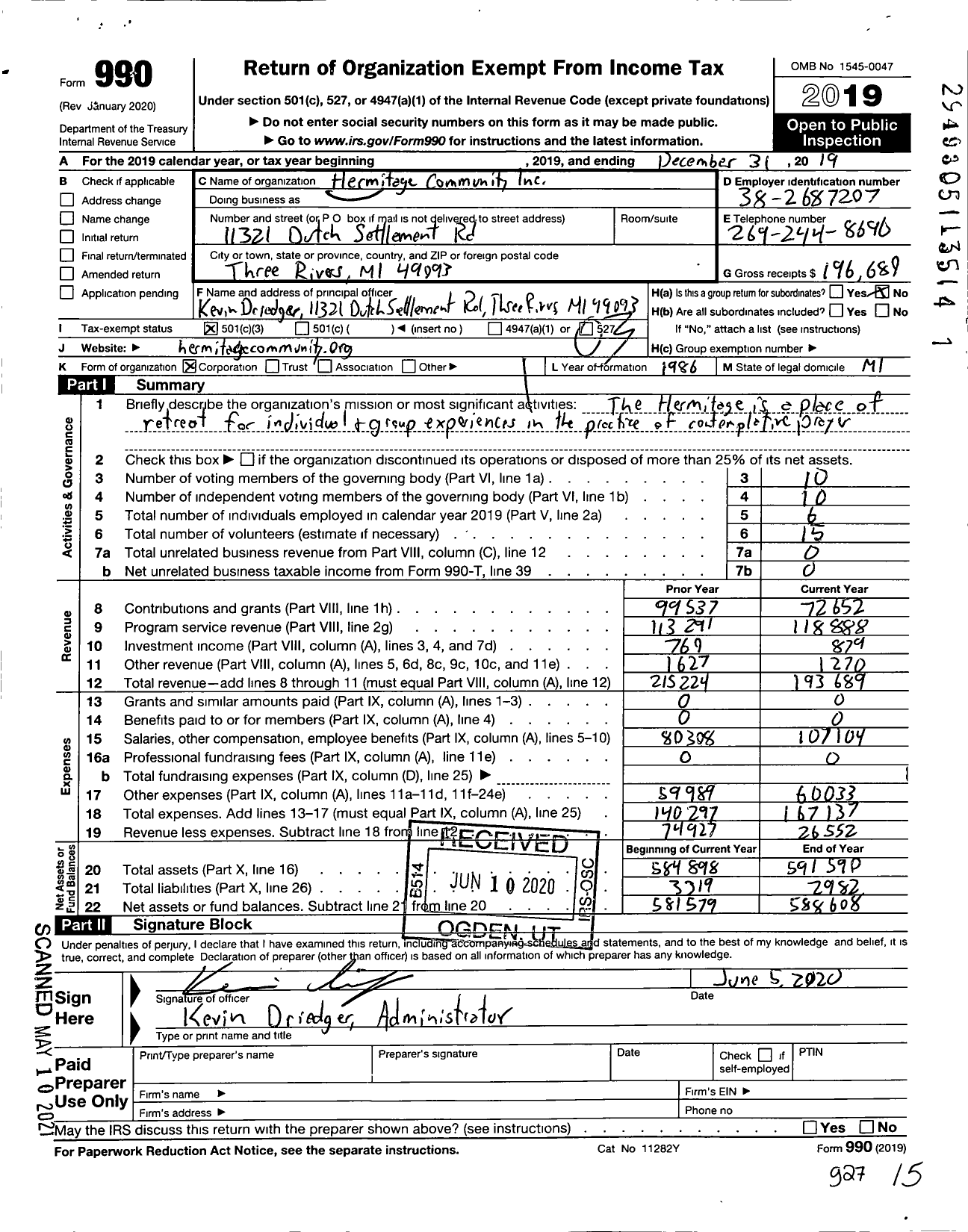 Image of first page of 2019 Form 990 for Hermitage Community